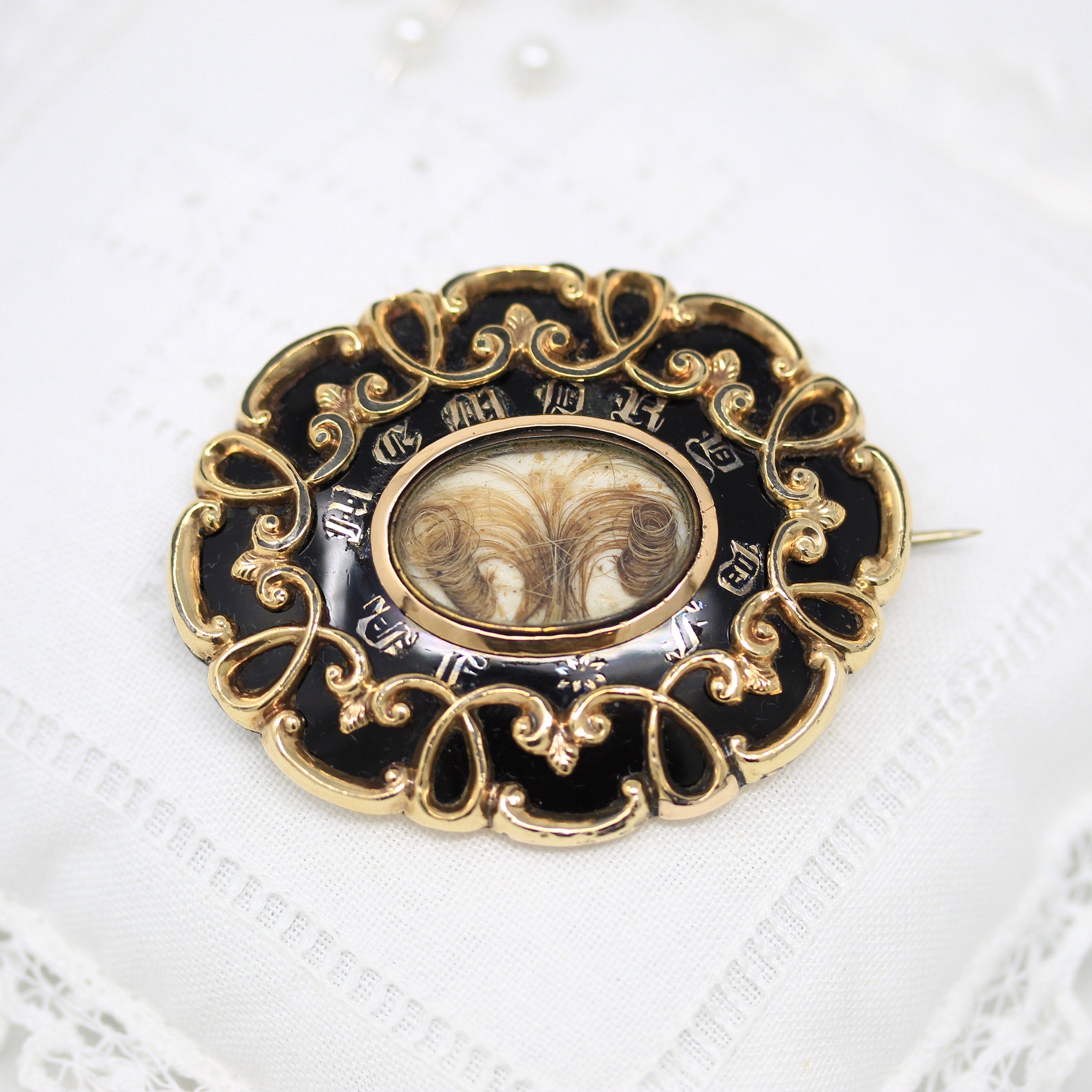 Victorian Mourning Brooch - Antique Gold Shell Enamel "In Memory Of" Pin - Dated May 28th 1857 H. Collings Hair Art Memorial Style Jewelry