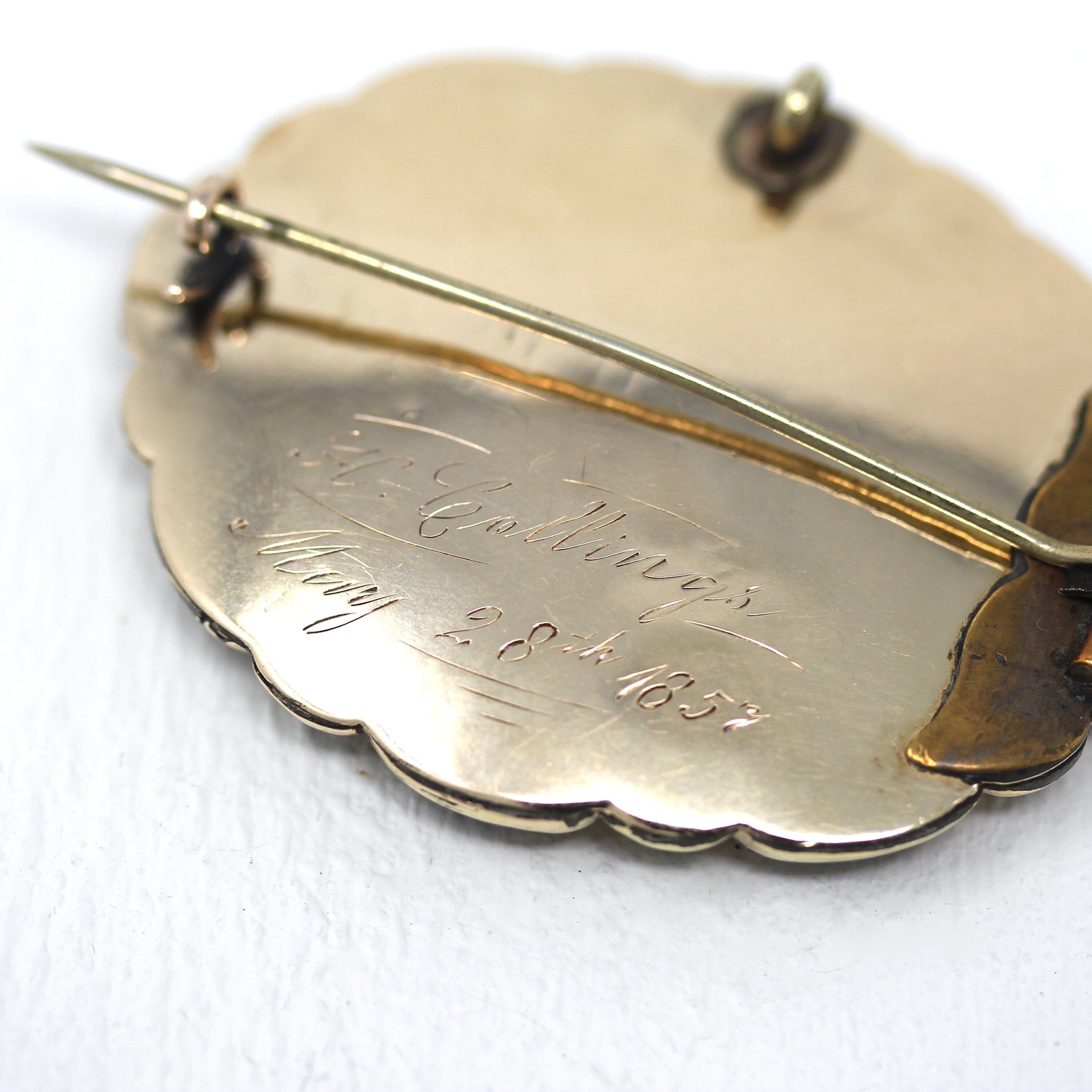 Victorian Mourning Brooch - Antique Gold Shell Enamel "In Memory Of" Pin - Dated May 28th 1857 H. Collings Hair Art Memorial Style Jewelry