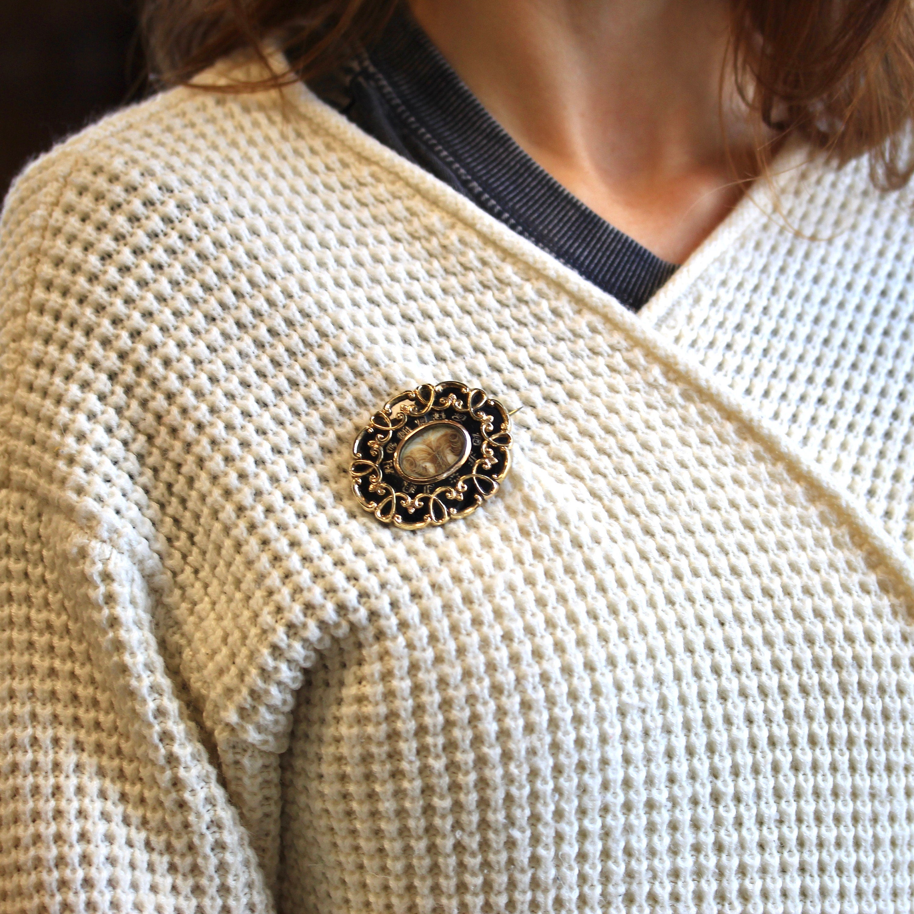 Victorian Mourning Brooch - Antique Gold Shell Enamel "In Memory Of" Pin - Dated May 28th 1857 H. Collings Hair Art Memorial Style Jewelry