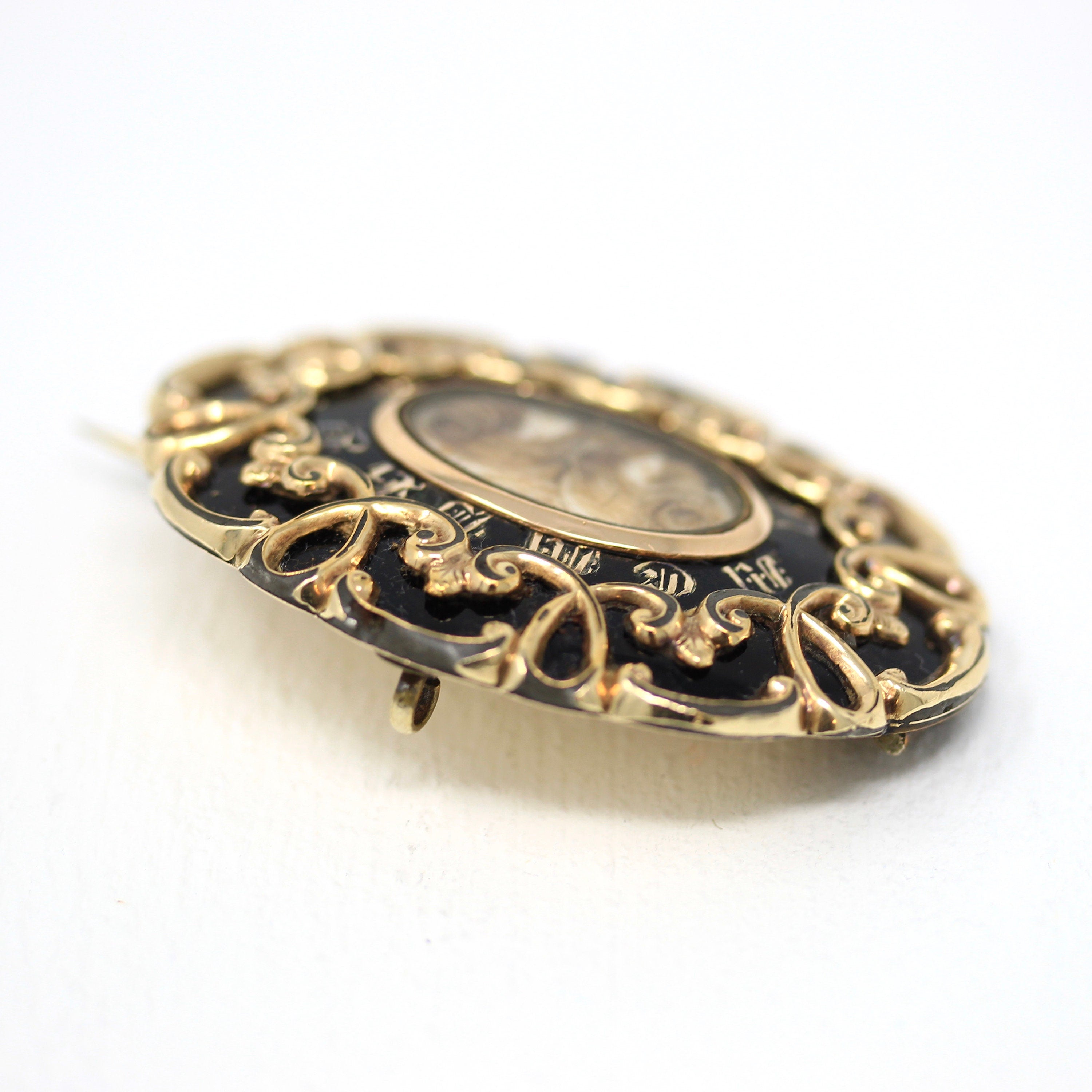 Victorian Mourning Brooch - Antique Gold Shell Enamel "In Memory Of" Pin - Dated May 28th 1857 H. Collings Hair Art Memorial Style Jewelry