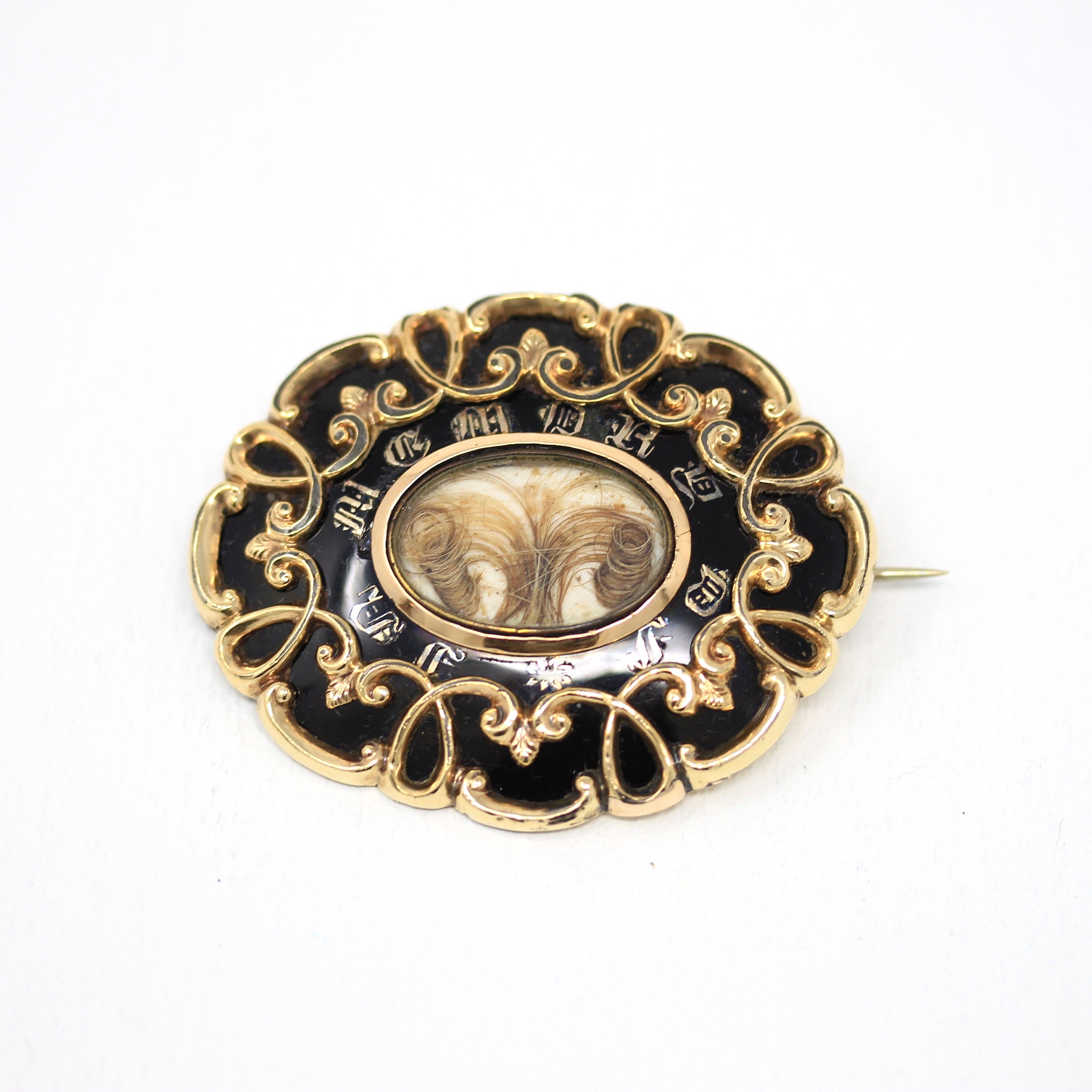Victorian Mourning Brooch - Antique Gold Shell Enamel "In Memory Of" Pin - Dated May 28th 1857 H. Collings Hair Art Memorial Style Jewelry