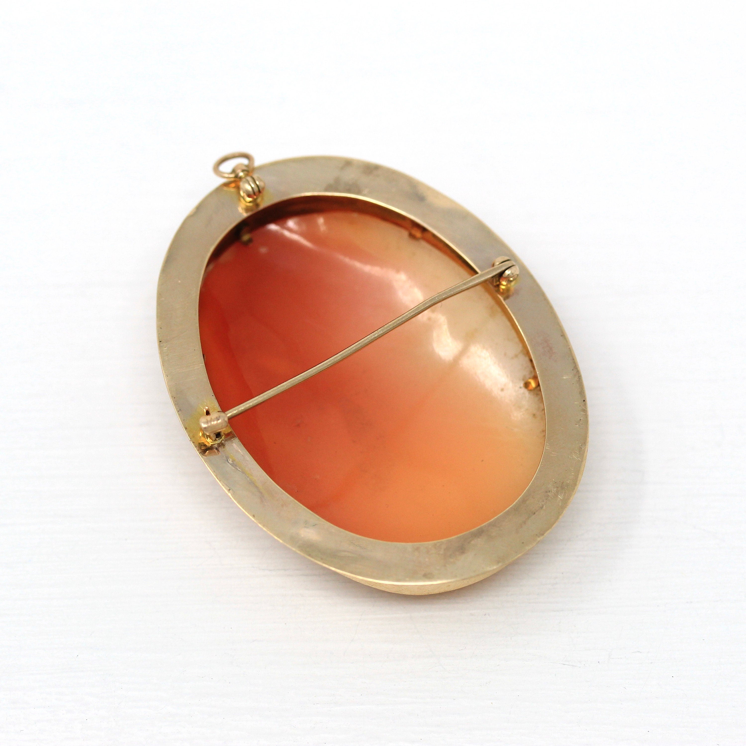 Antique Cameo Brooch - Edwardian 10k Yellow Gold Carved Shell Pendant Necklace - Circa 1910s Era Statement Fashion Accessory Fine Jewelry