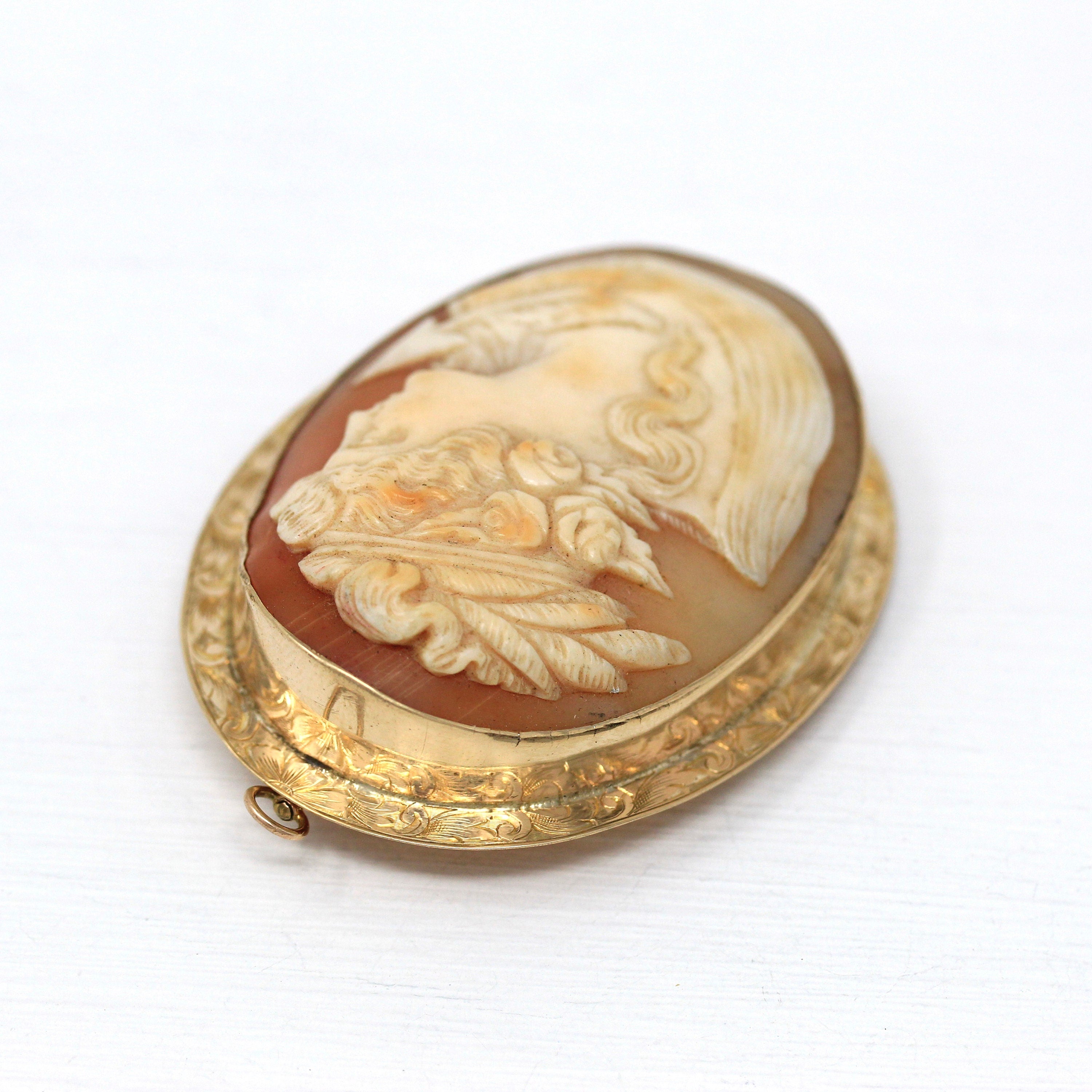 Antique Cameo Brooch - Edwardian 10k Yellow Gold Carved Shell Pendant Necklace - Circa 1910s Era Statement Fashion Accessory Fine Jewelry