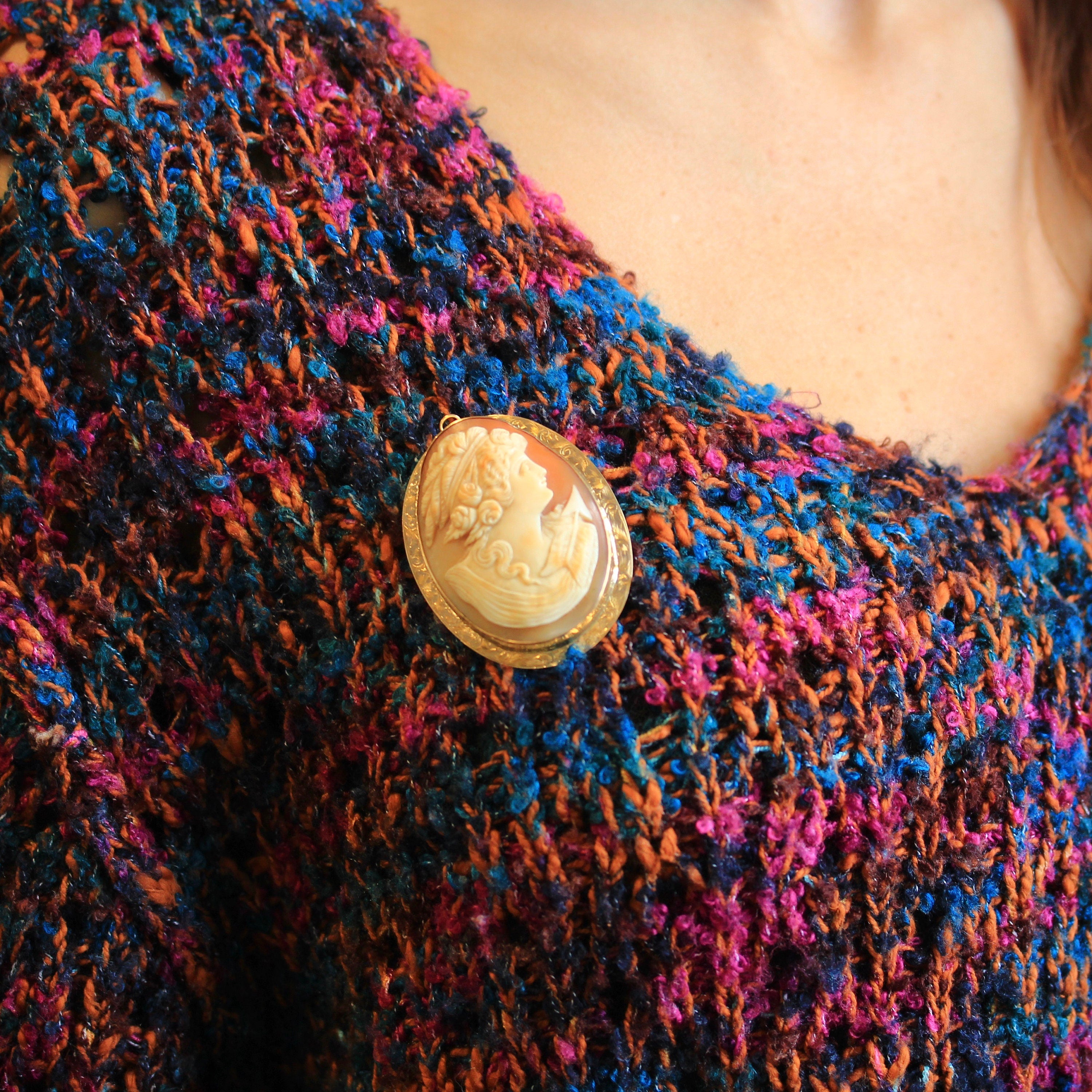 Antique Cameo Brooch - Edwardian 10k Yellow Gold Carved Shell Pendant Necklace - Circa 1910s Era Statement Fashion Accessory Fine Jewelry