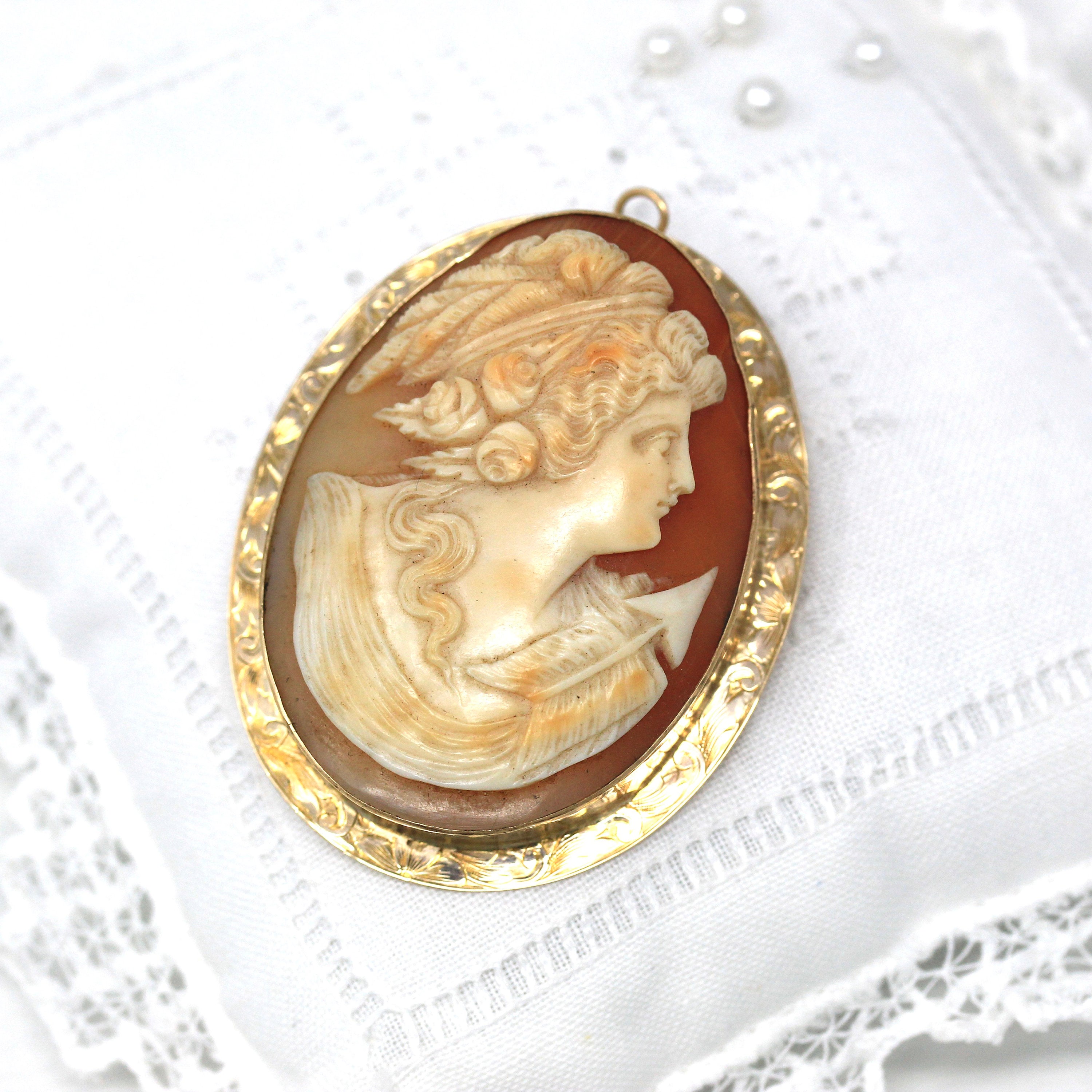 Antique Cameo Brooch - Edwardian 10k Yellow Gold Carved Shell Pendant Necklace - Circa 1910s Era Statement Fashion Accessory Fine Jewelry