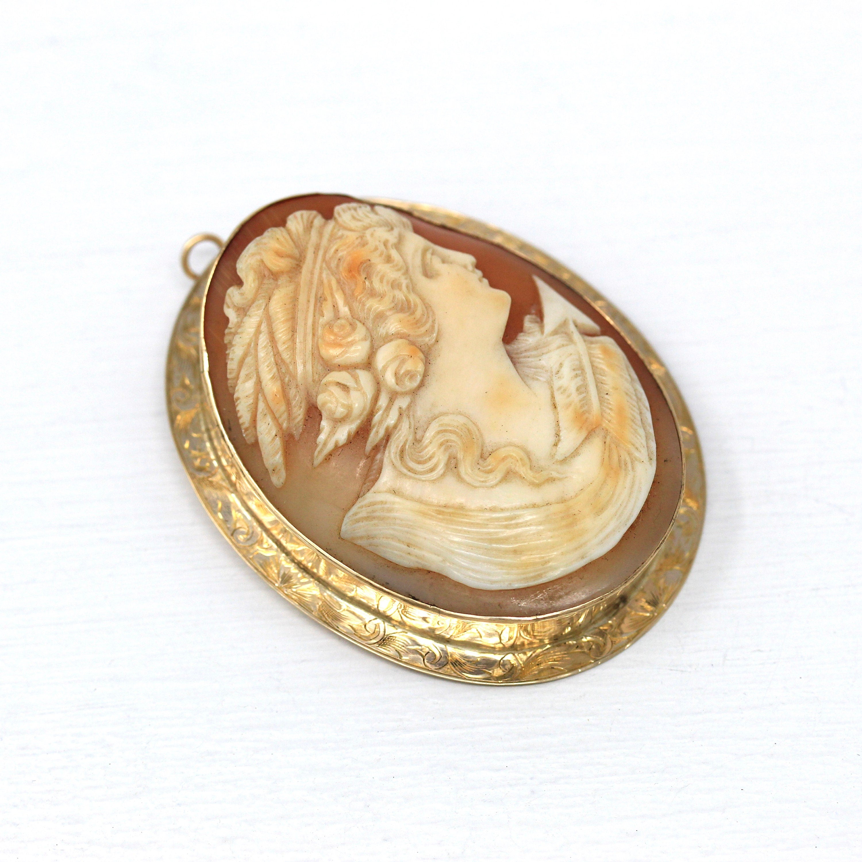 Antique Cameo Brooch - Edwardian 10k Yellow Gold Carved Shell Pendant Necklace - Circa 1910s Era Statement Fashion Accessory Fine Jewelry