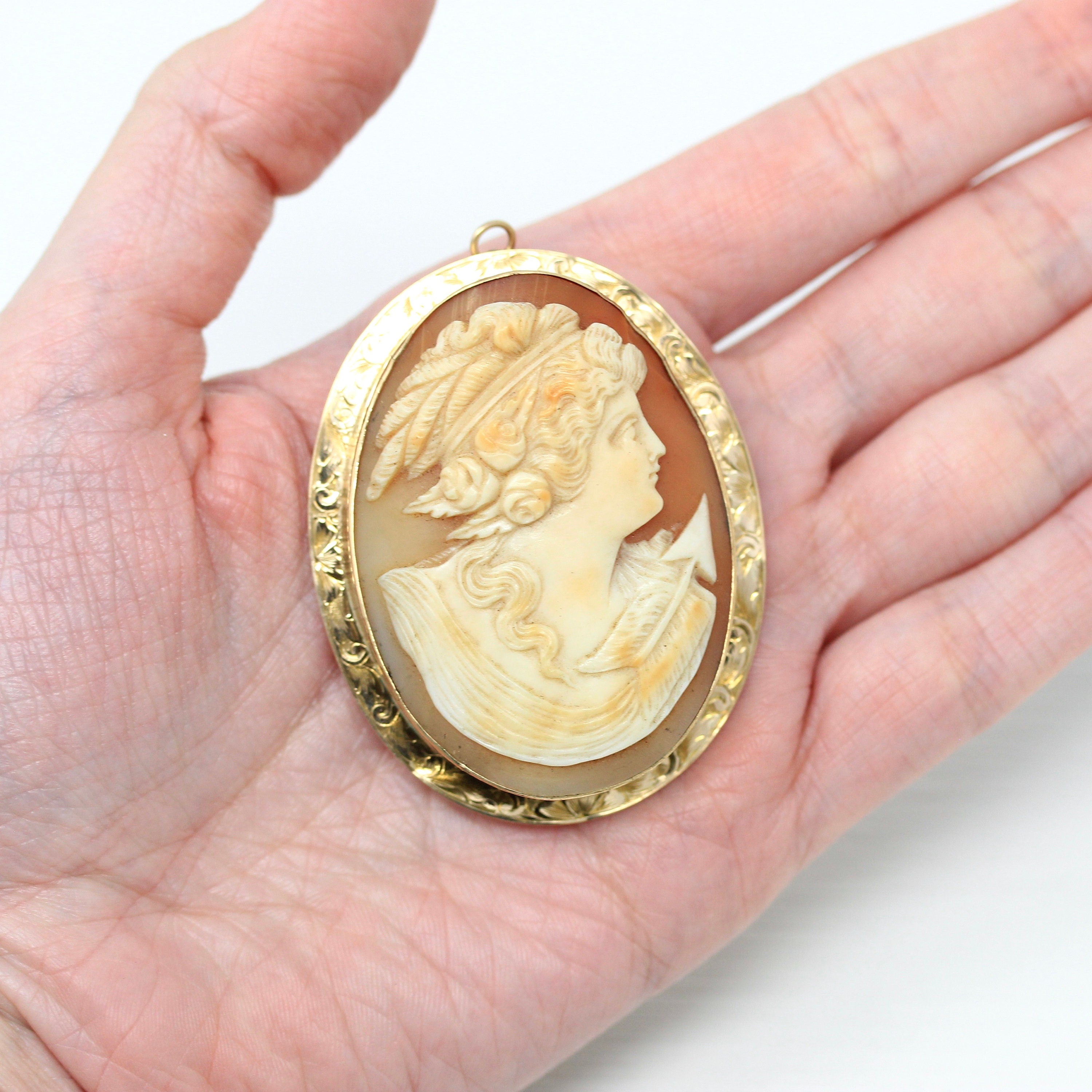 Antique Cameo Brooch - Edwardian 10k Yellow Gold Carved Shell Pendant Necklace - Circa 1910s Era Statement Fashion Accessory Fine Jewelry