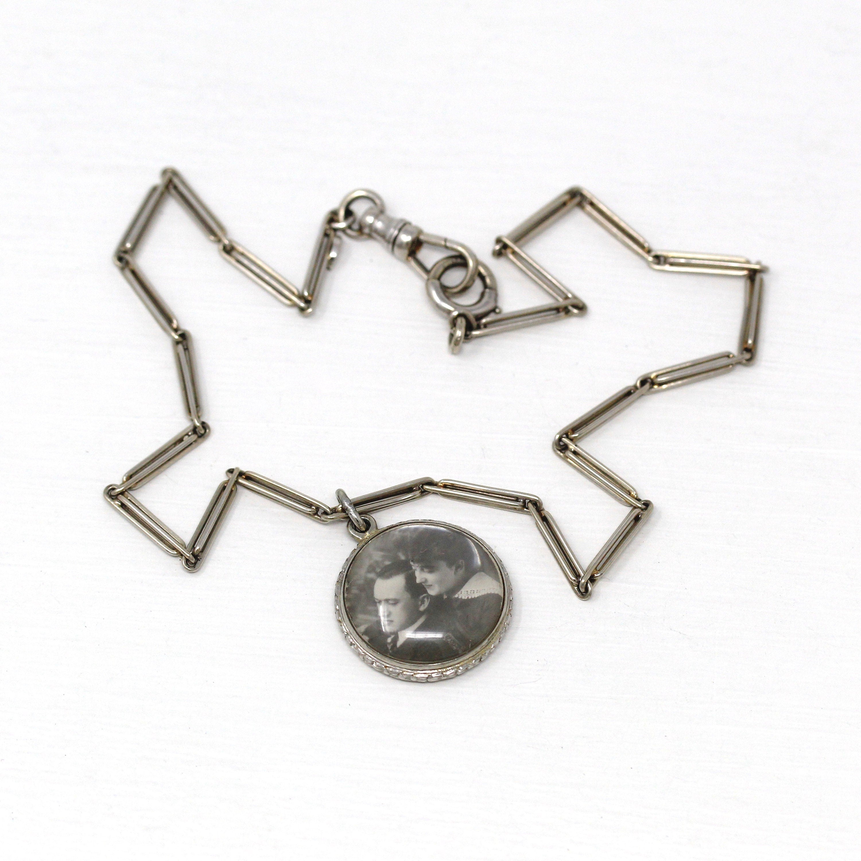 Antique Photo Fob - Art Deco Era 14k White Gold Initials "MAG" Photograph Keepsake - Circa 1920s Choker Necklace Watch Chain Fine Jewelry