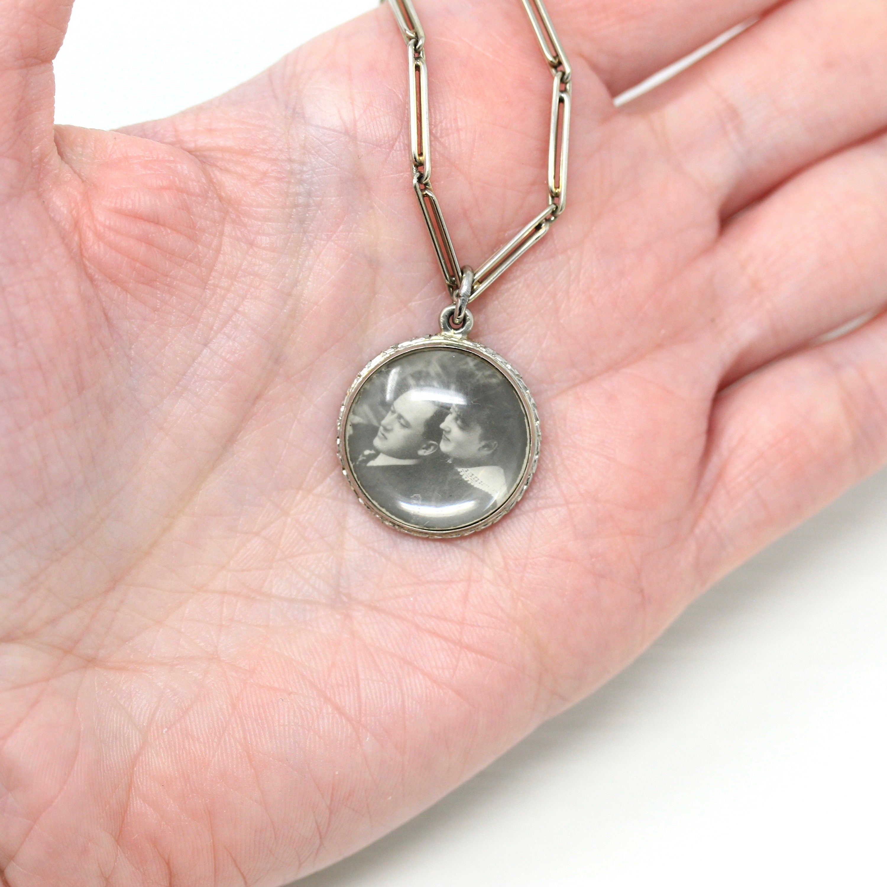Antique Photo Fob - Art Deco Era 14k White Gold Initials "MAG" Photograph Keepsake - Circa 1920s Choker Necklace Watch Chain Fine Jewelry