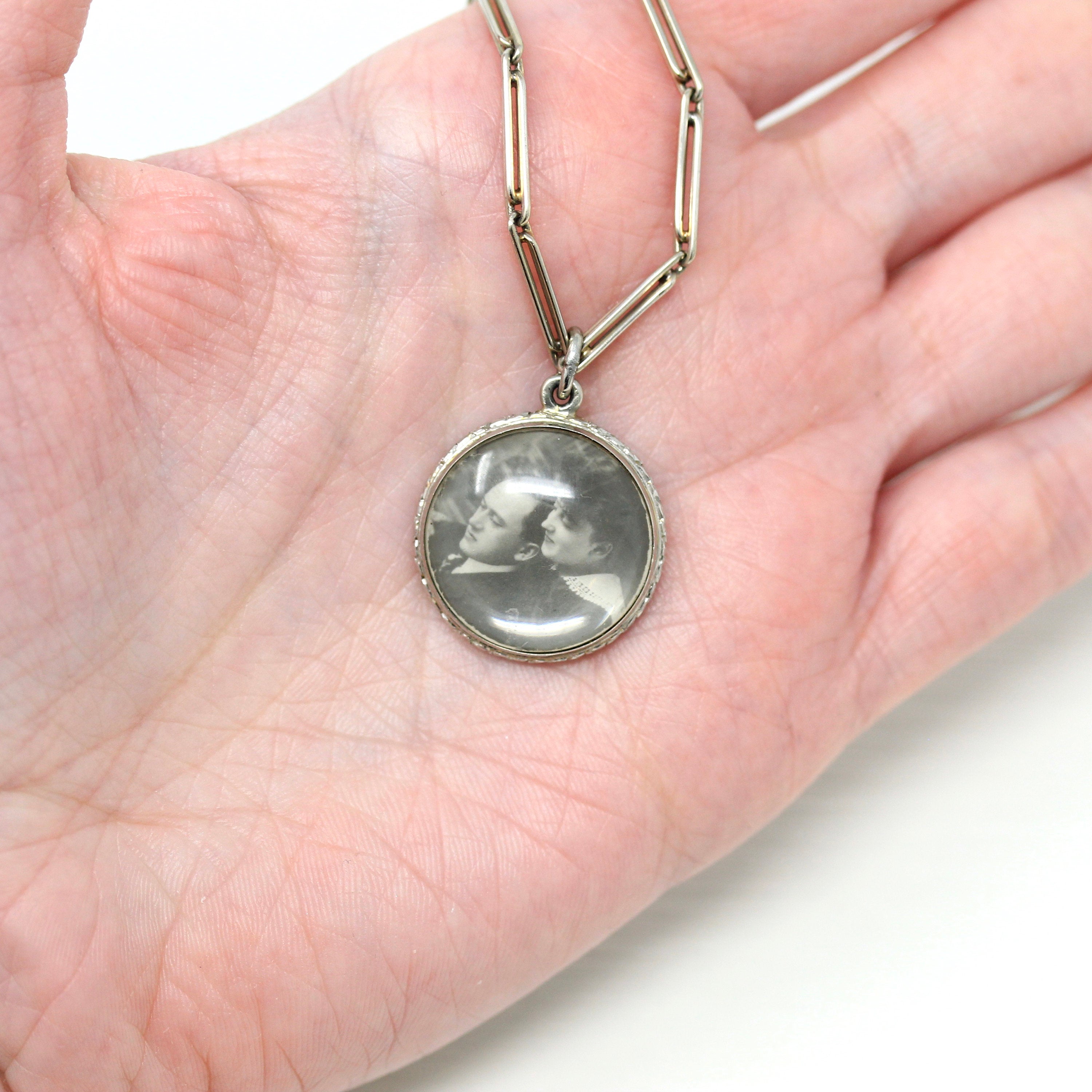 Antique Photo Fob - Art Deco Era 14k White Gold Initials "MAG" Photograph Keepsake - Circa 1920s Choker Necklace Watch Chain Fine Jewelry