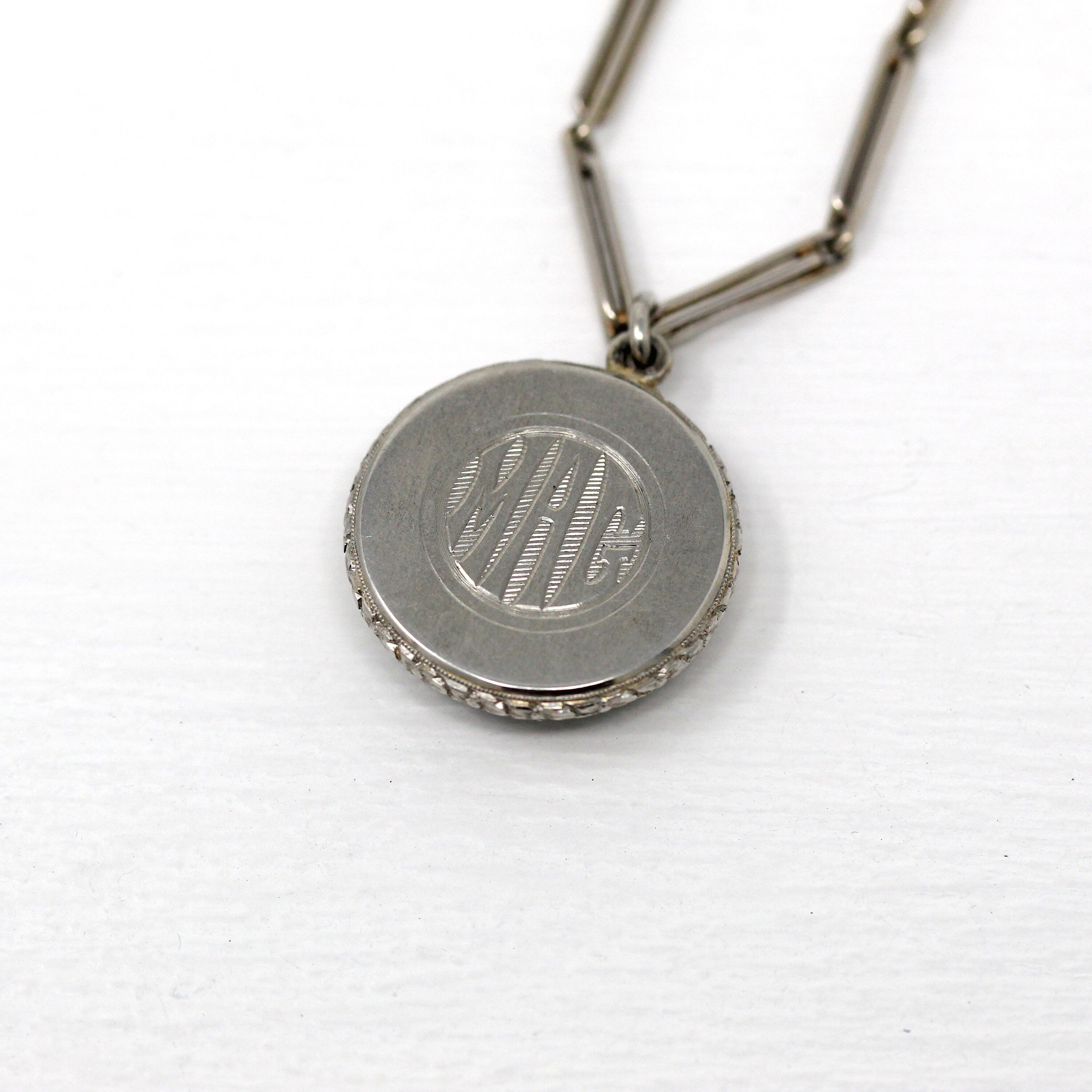 Antique Photo Fob - Art Deco Era 14k White Gold Initials "MAG" Photograph Keepsake - Circa 1920s Choker Necklace Watch Chain Fine Jewelry