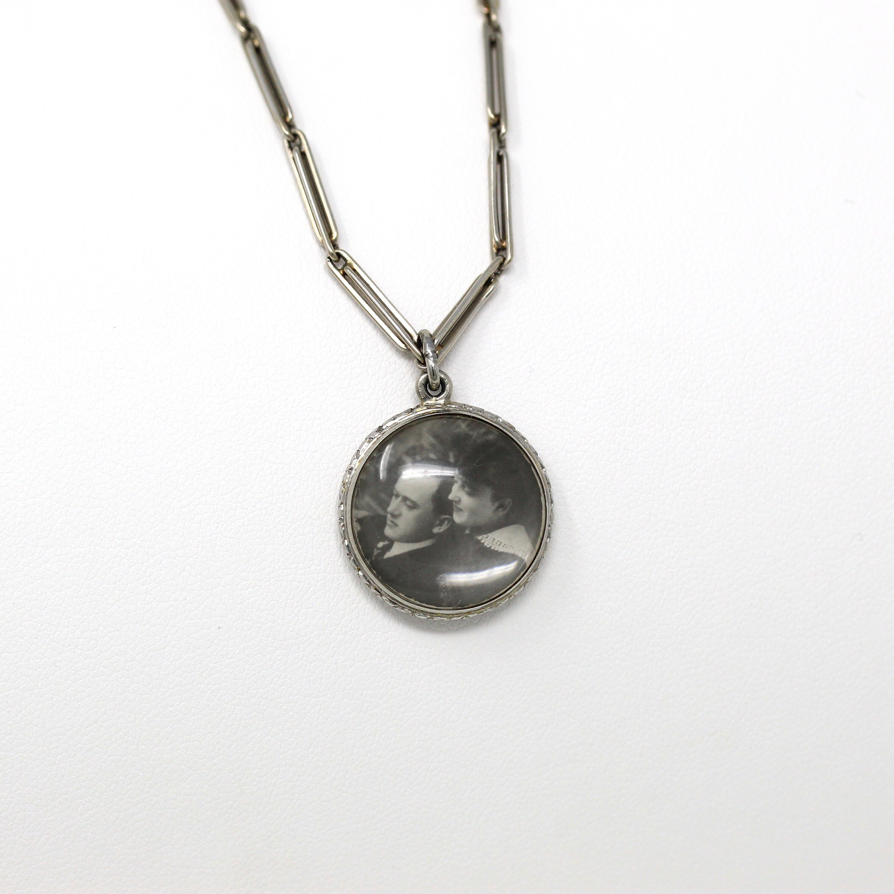 Antique Photo Fob - Art Deco Era 14k White Gold Initials "MAG" Photograph Keepsake - Circa 1920s Choker Necklace Watch Chain Fine Jewelry