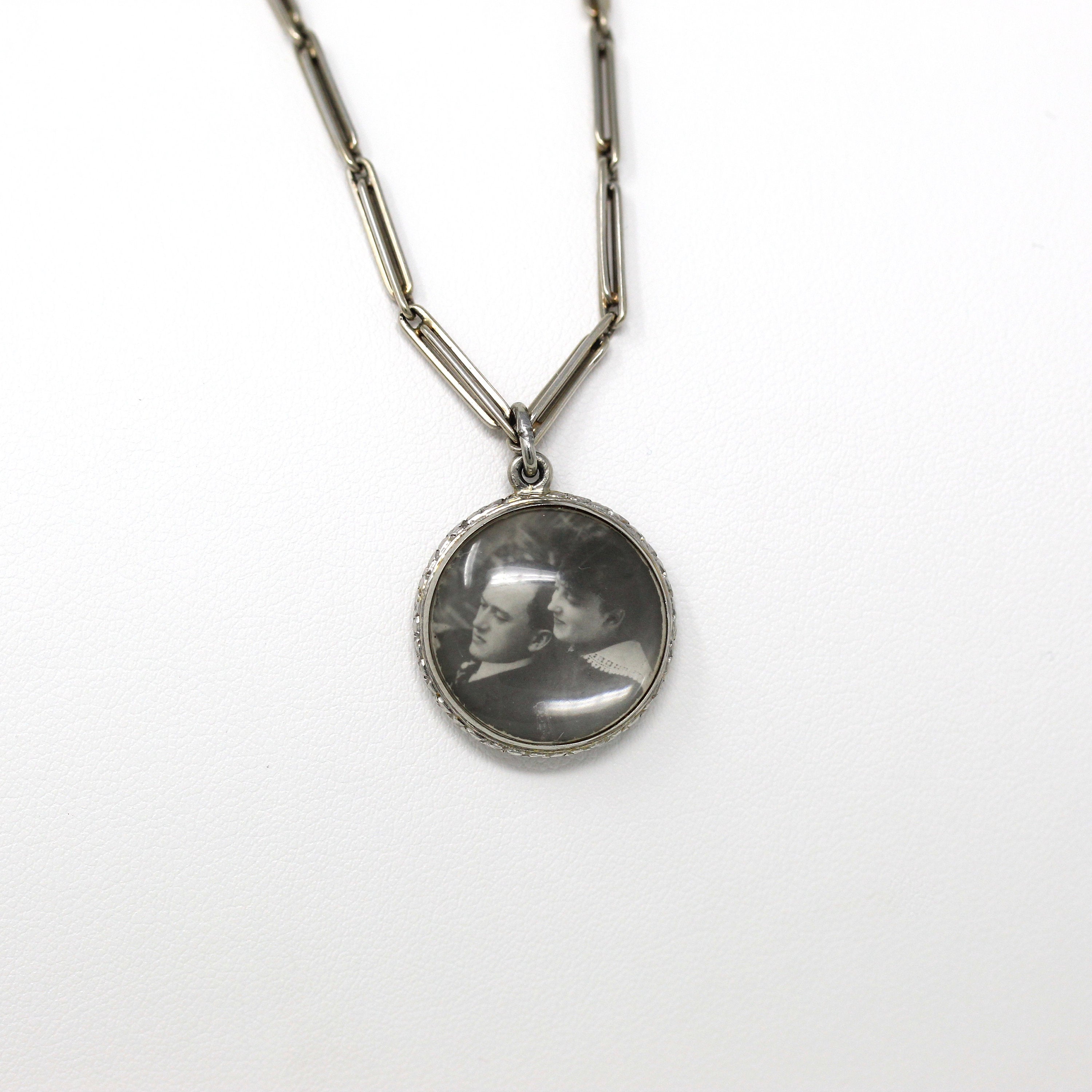 Antique Photo Fob - Art Deco Era 14k White Gold Initials "MAG" Photograph Keepsake - Circa 1920s Choker Necklace Watch Chain Fine Jewelry