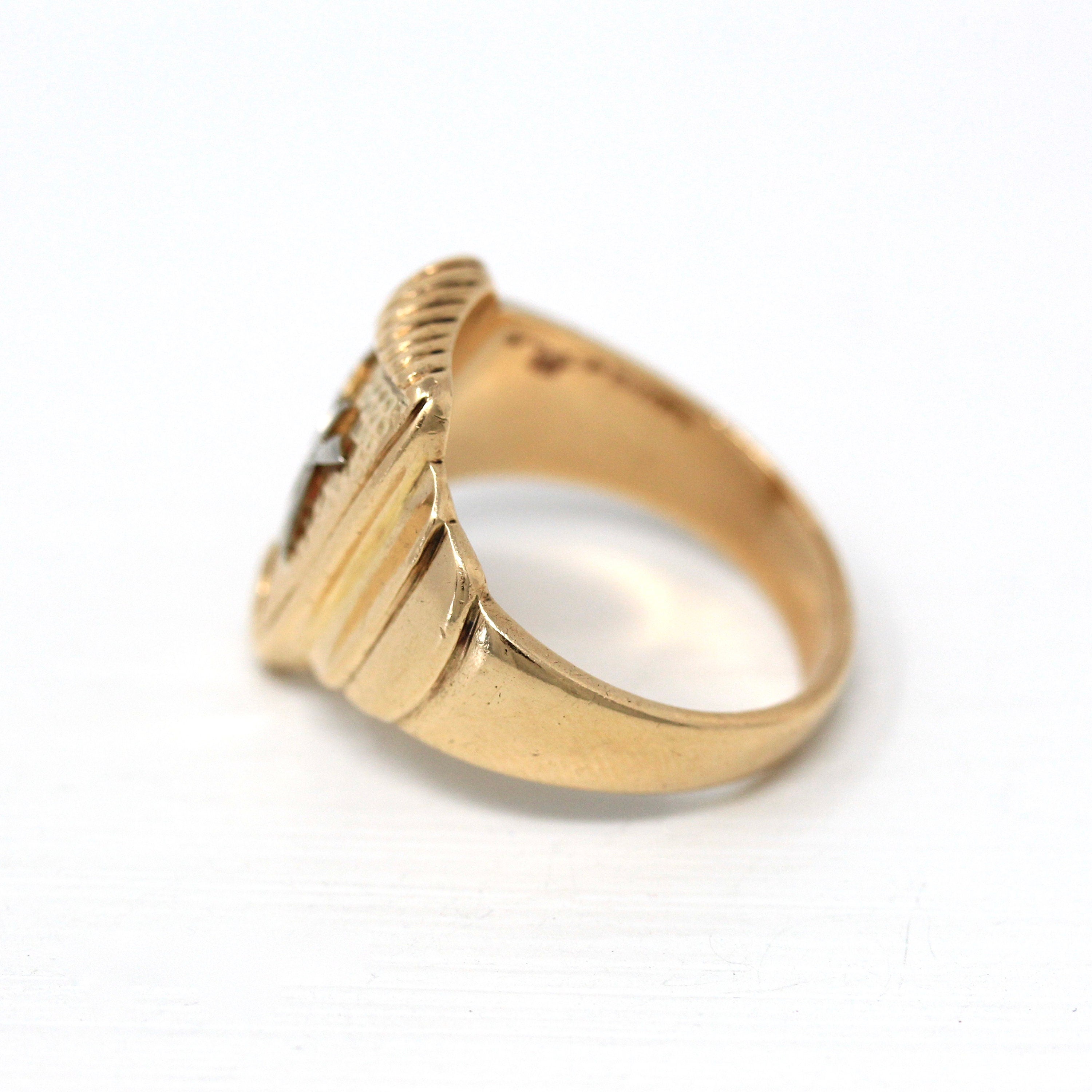 Letters "BK" Ring - Art Deco 14k Yellow & White Gold Initials Scroll Flower Signet - Vintage Circa 1930s Size 9 3/4 Statement Fine Jewelry