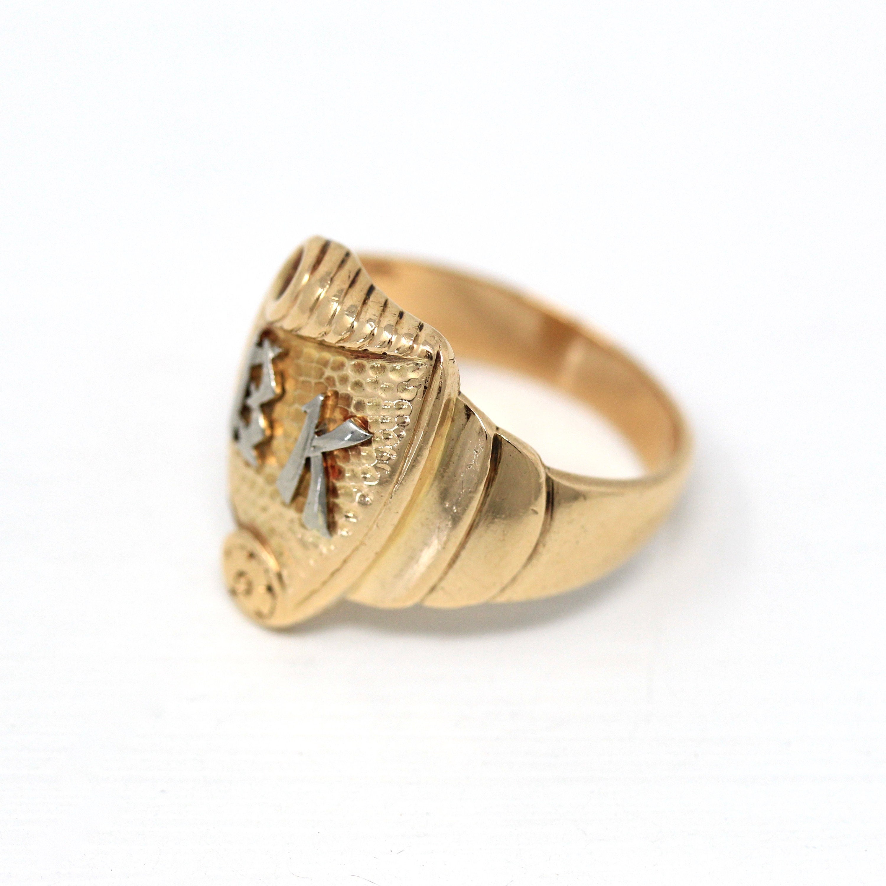 Letters "BK" Ring - Art Deco 14k Yellow & White Gold Initials Scroll Flower Signet - Vintage Circa 1930s Size 9 3/4 Statement Fine Jewelry