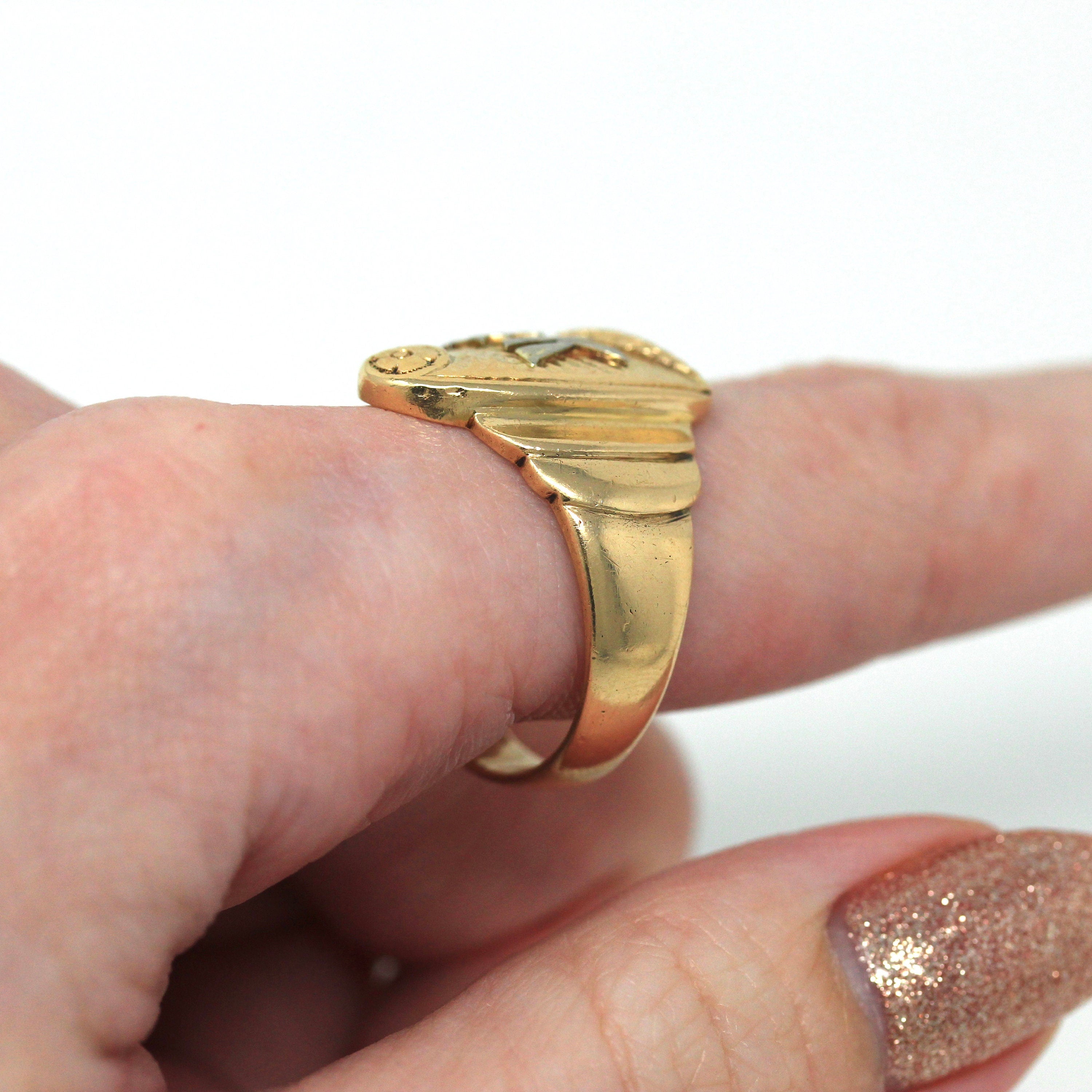 Letters "BK" Ring - Art Deco 14k Yellow & White Gold Initials Scroll Flower Signet - Vintage Circa 1930s Size 9 3/4 Statement Fine Jewelry