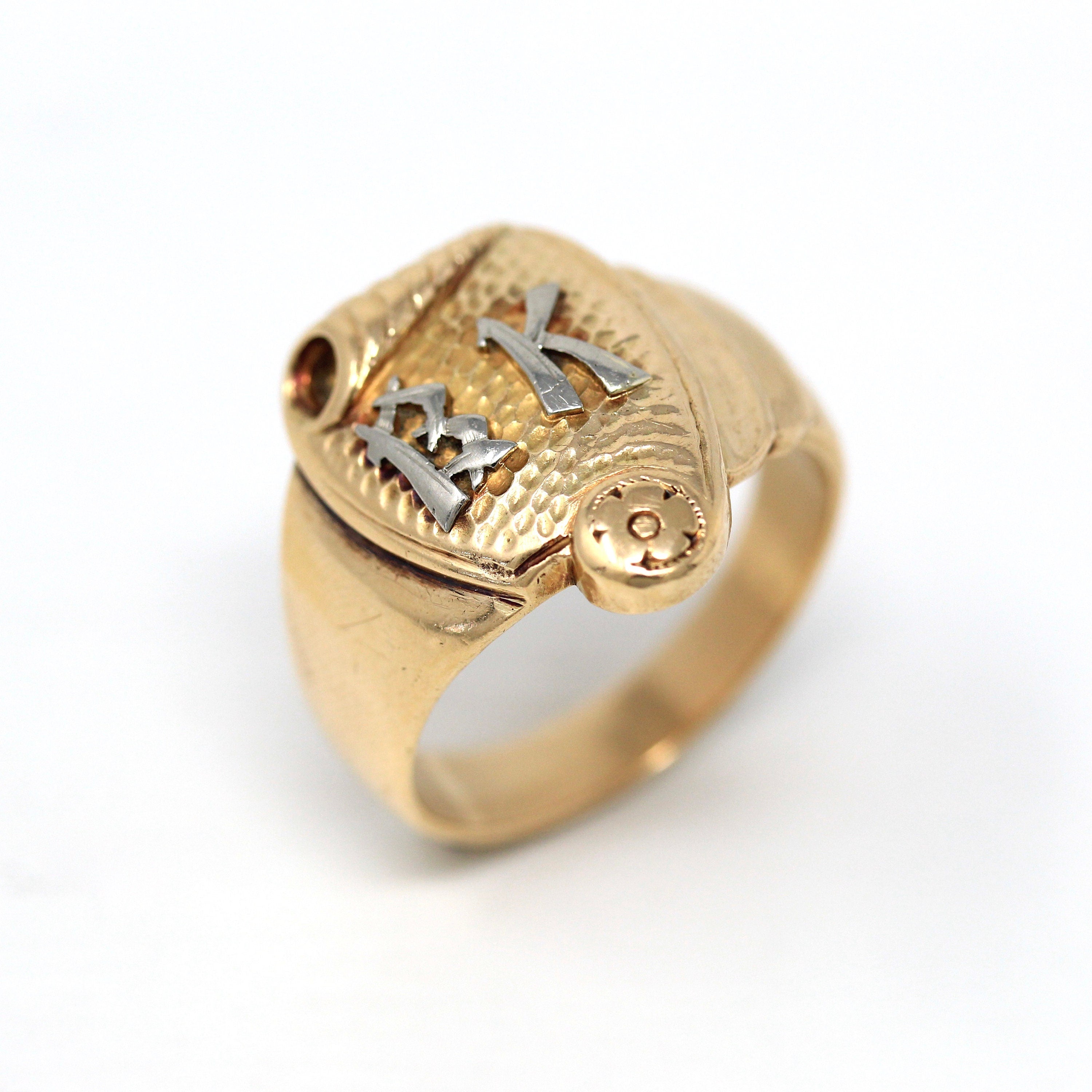 Letters "BK" Ring - Art Deco 14k Yellow & White Gold Initials Scroll Flower Signet - Vintage Circa 1930s Size 9 3/4 Statement Fine Jewelry