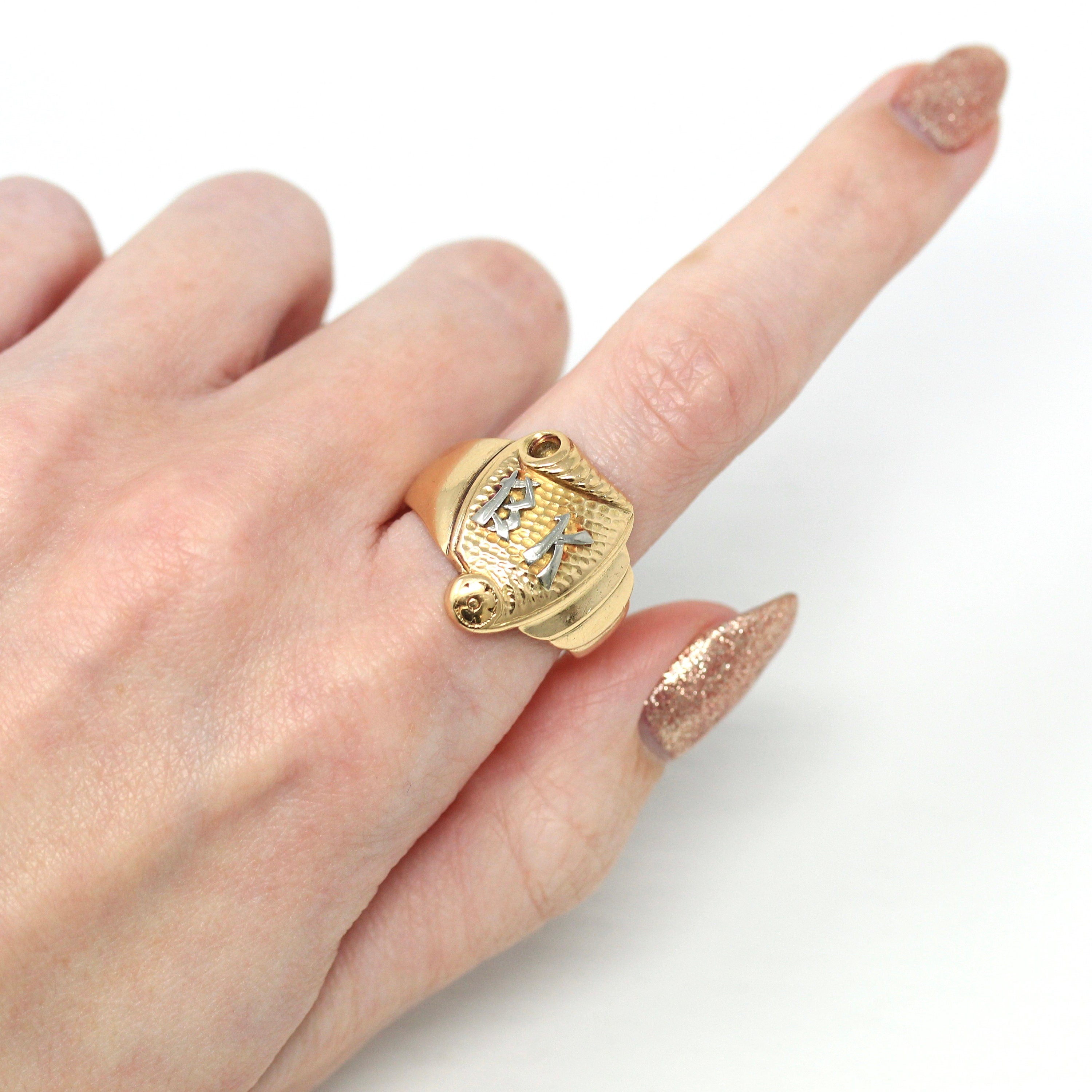 Letters "BK" Ring - Art Deco 14k Yellow & White Gold Initials Scroll Flower Signet - Vintage Circa 1930s Size 9 3/4 Statement Fine Jewelry