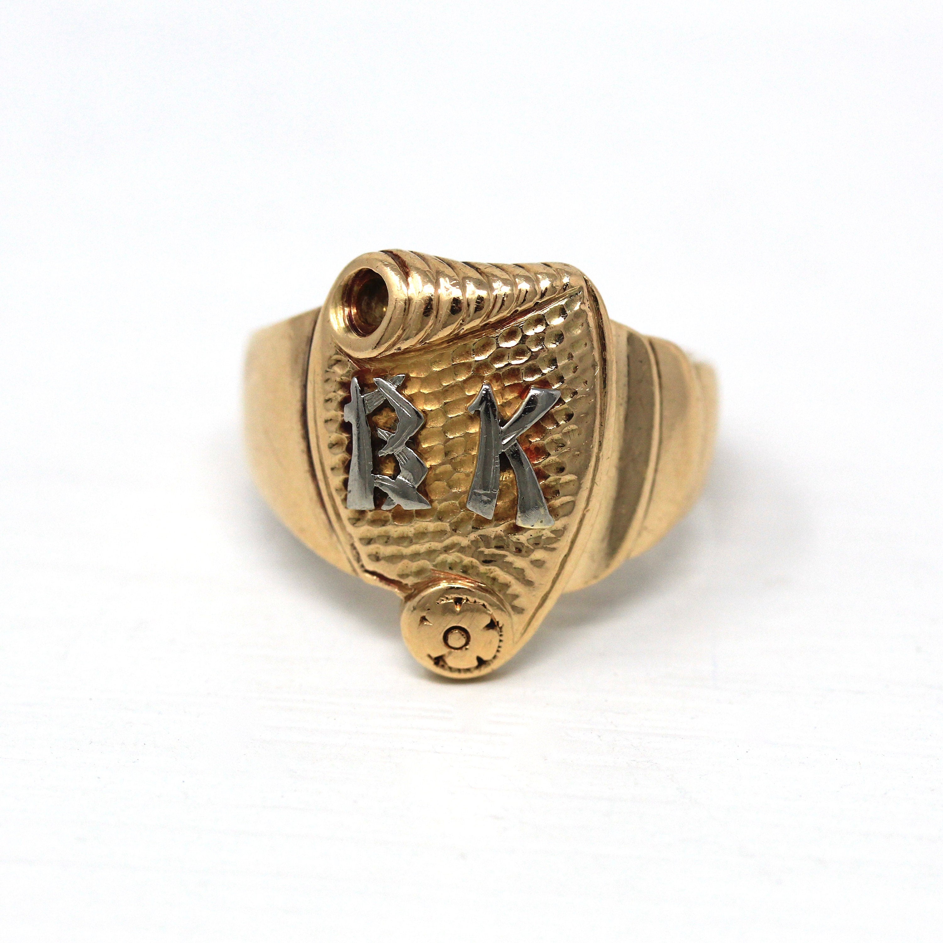 Letters "BK" Ring - Art Deco 14k Yellow & White Gold Initials Scroll Flower Signet - Vintage Circa 1930s Size 9 3/4 Statement Fine Jewelry