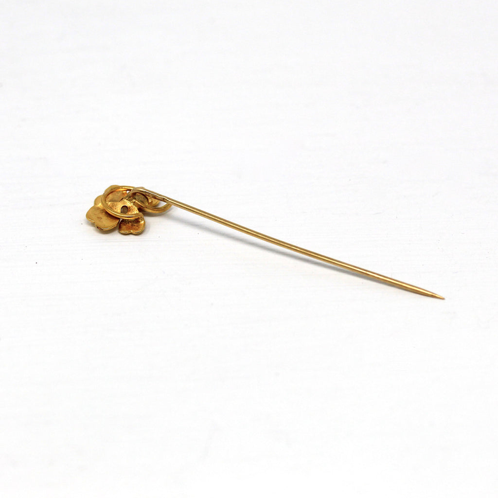 Sale - Antique Stick Pin - Edwardian 18k & 14k Yellow Gold Four Leaf Clover Seed Pearl - Vintage 1910s Era Fashion Accessory Fine Jewelry