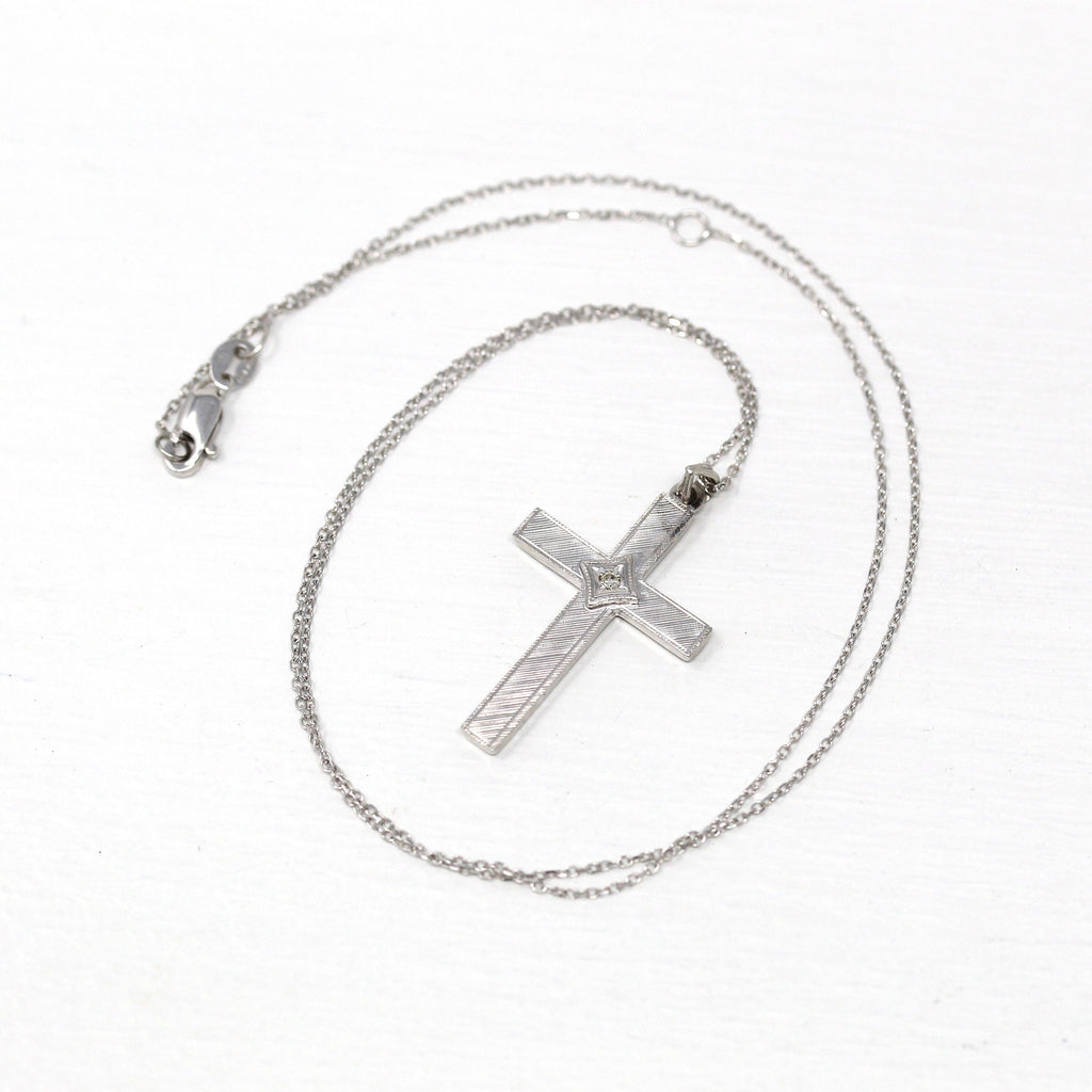Sale - Vintage Cross Necklace - Retro 10k White Gold Genuine Diamond Pendant Charm - Circa 1950s Statement Religious Faith Esemco Jewelry