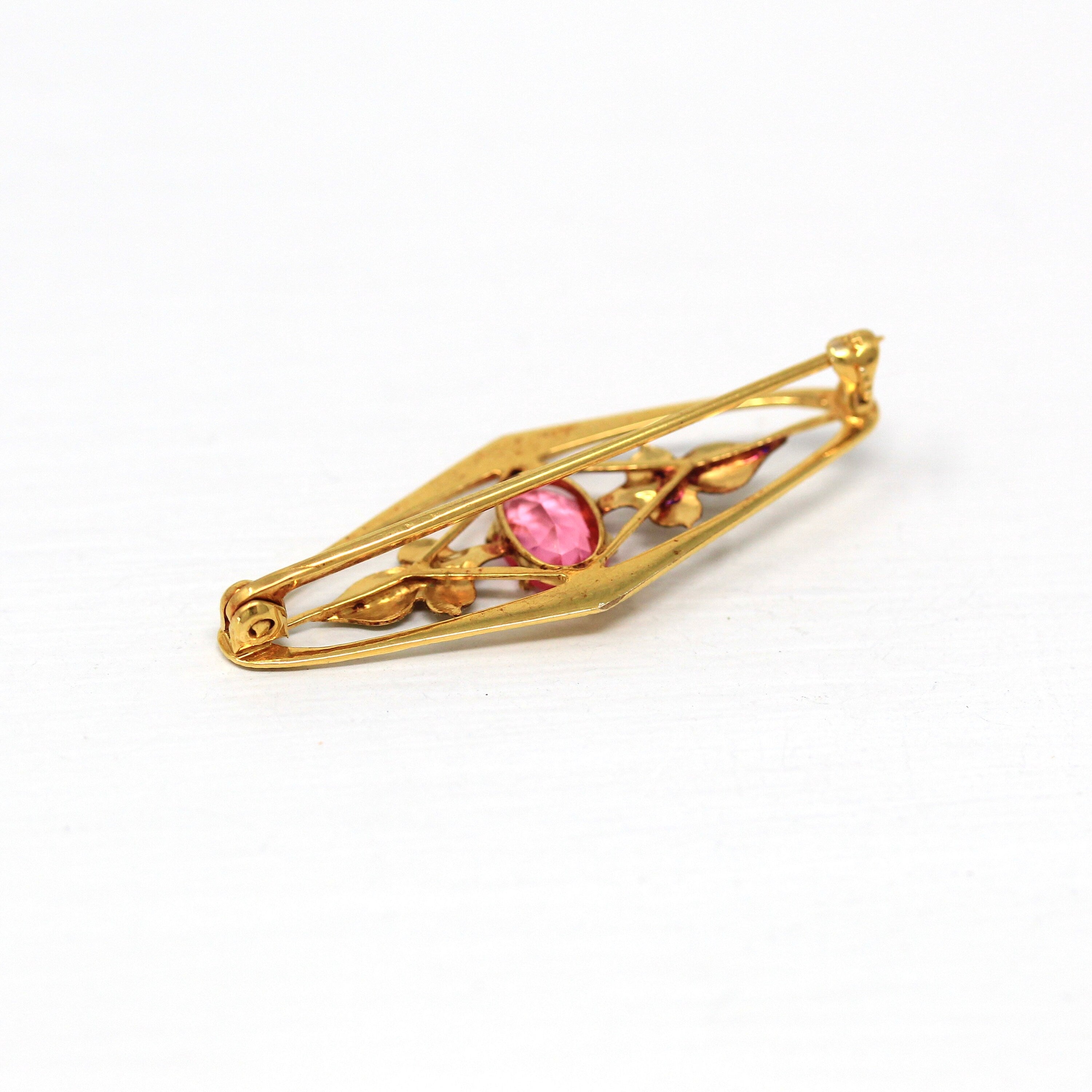 Vintage Brooch Accessory - Retro 10k Yellow Gold Simulated Pink Sapphire Stone Pin - Circa 1940s Leaf Motif Smith & Fisher Fine 40s Jewelry