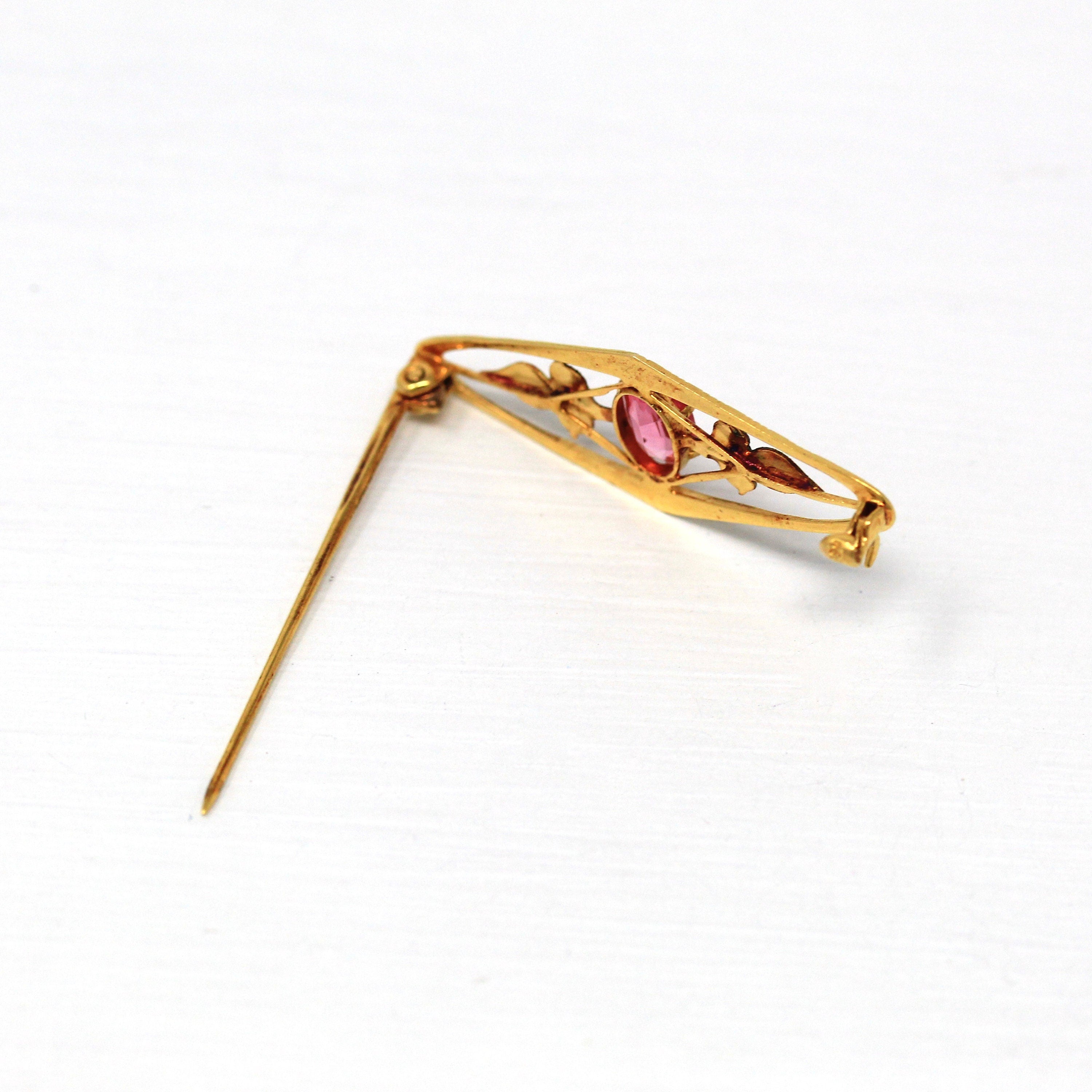 Vintage Brooch Accessory - Retro 10k Yellow Gold Simulated Pink Sapphire Stone Pin - Circa 1940s Leaf Motif Smith & Fisher Fine 40s Jewelry