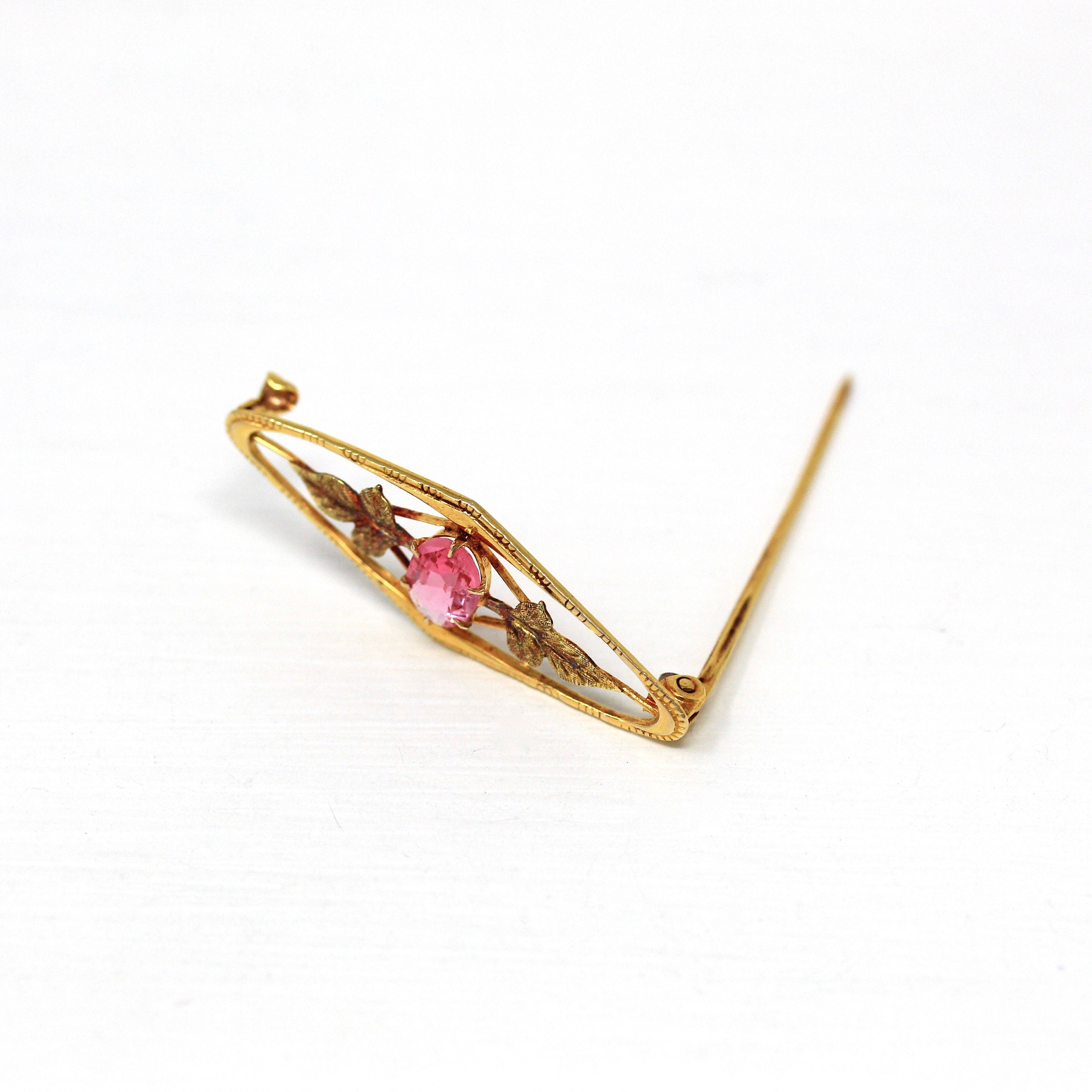 Vintage Brooch Accessory - Retro 10k Yellow Gold Simulated Pink Sapphire Stone Pin - Circa 1940s Leaf Motif Smith & Fisher Fine 40s Jewelry