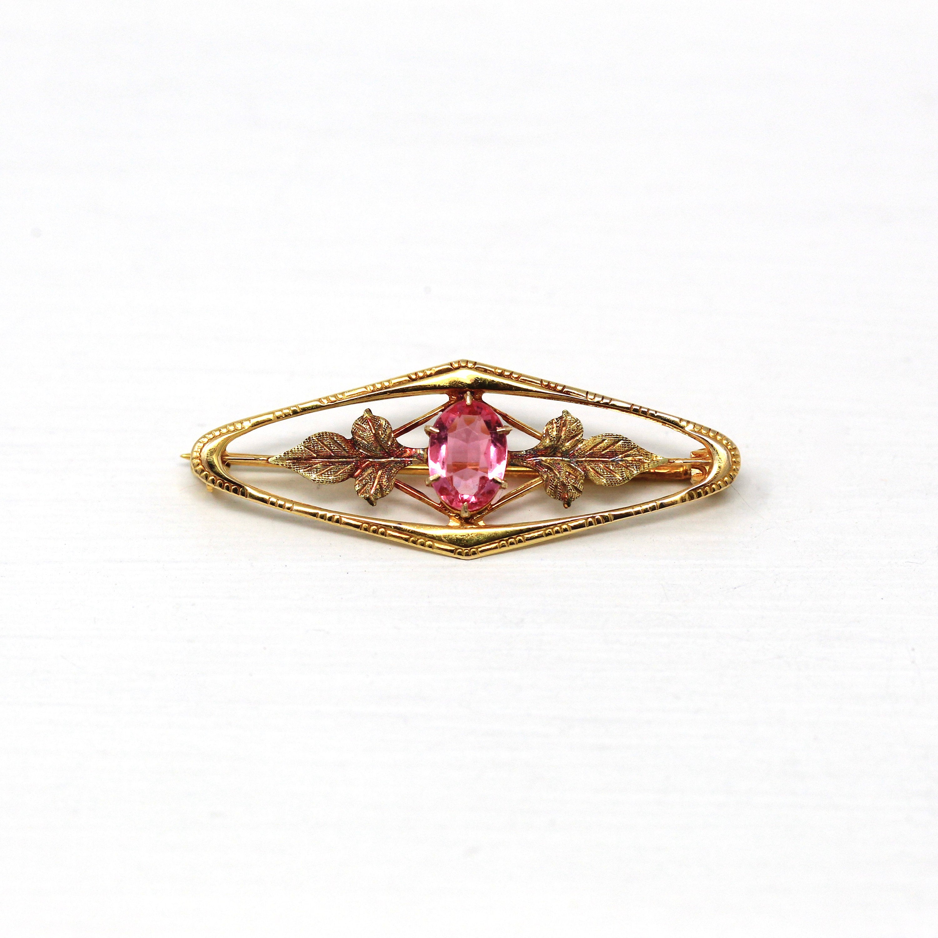 Vintage Brooch Accessory - Retro 10k Yellow Gold Simulated Pink Sapphire Stone Pin - Circa 1940s Leaf Motif Smith & Fisher Fine 40s Jewelry