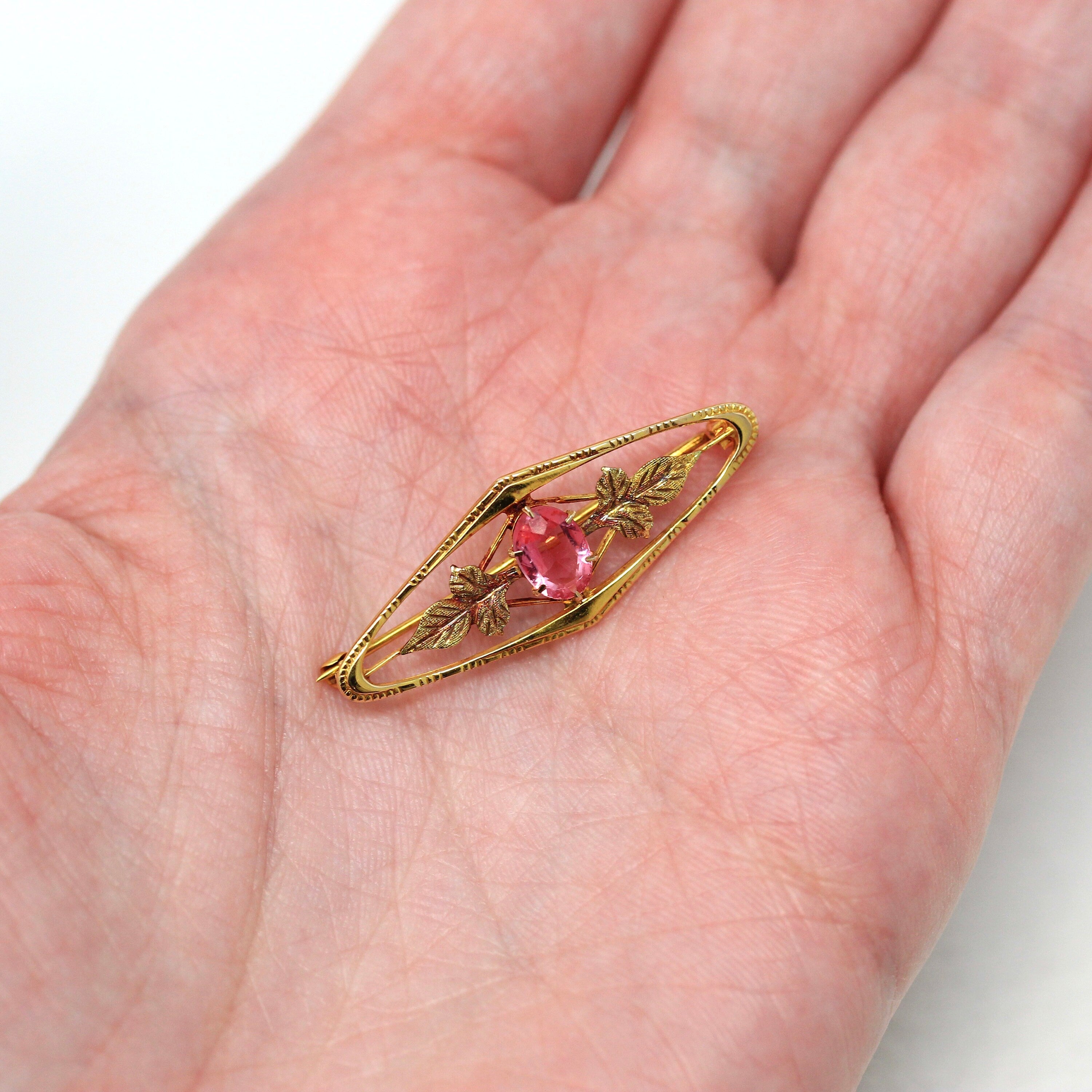 Vintage Brooch Accessory - Retro 10k Yellow Gold Simulated Pink Sapphire Stone Pin - Circa 1940s Leaf Motif Smith & Fisher Fine 40s Jewelry