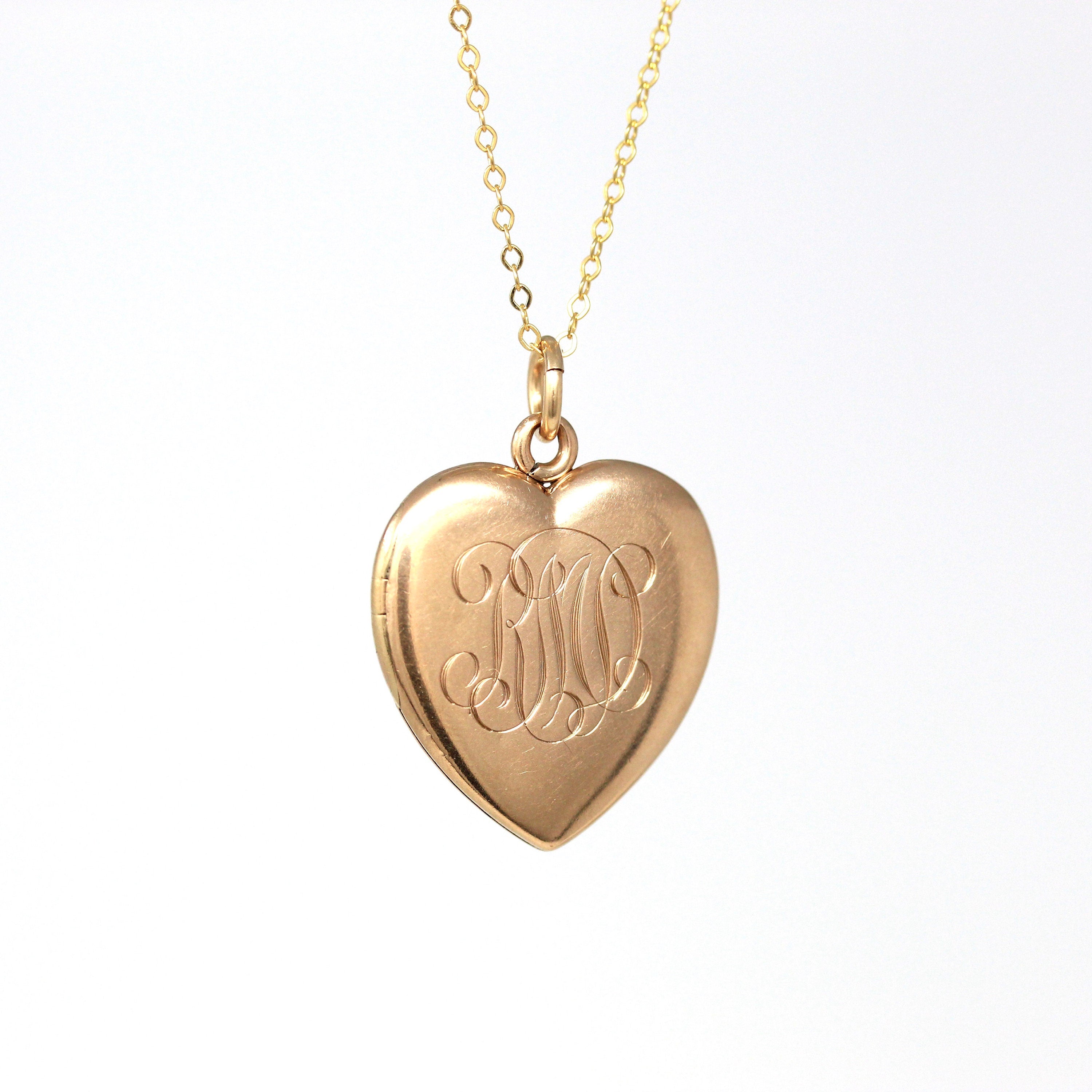 Antique Heart Locket - Edwardian 10k Rose Gold Dated "July 12 '08" Necklace Pendant Charm - Vintage Monogrammed "RMD" Keepsake Fine Jewelry
