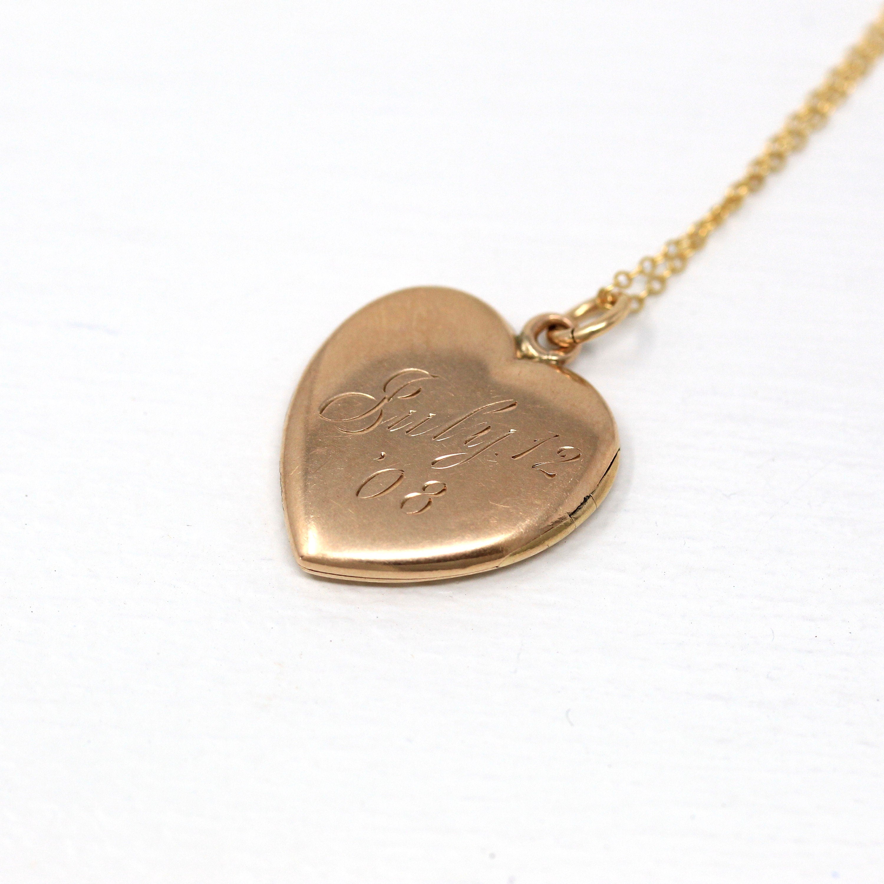Sale - Antique Heart Locket - Edwardian 10k Rose Gold Dated "July 12 '08" Necklace Pendant - Vintage Monogrammed "RMD" Keepsake Fine Jewelry