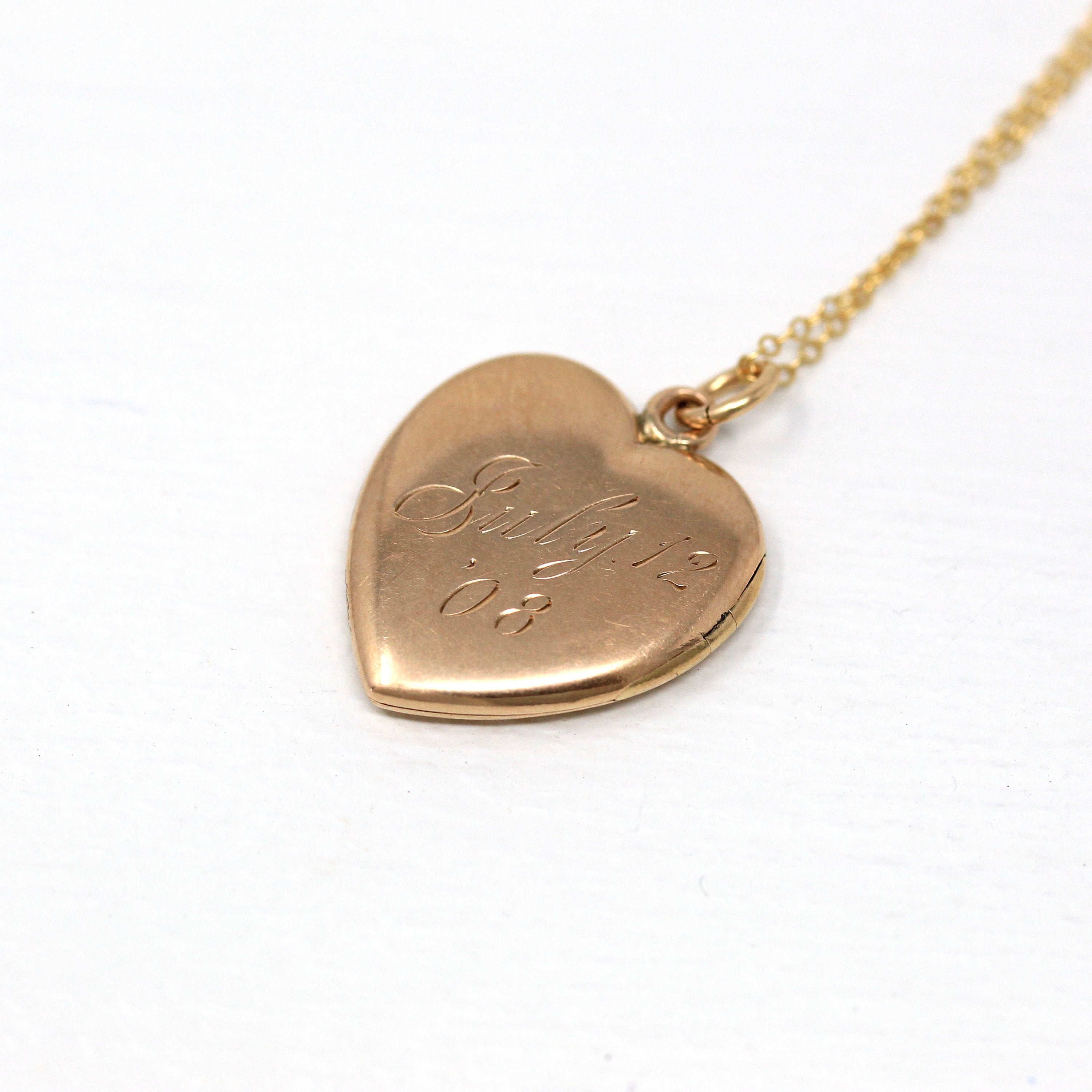 Antique Heart Locket - Edwardian 10k Rose Gold Dated "July 12 '08" Necklace Pendant Charm - Vintage Monogrammed "RMD" Keepsake Fine Jewelry