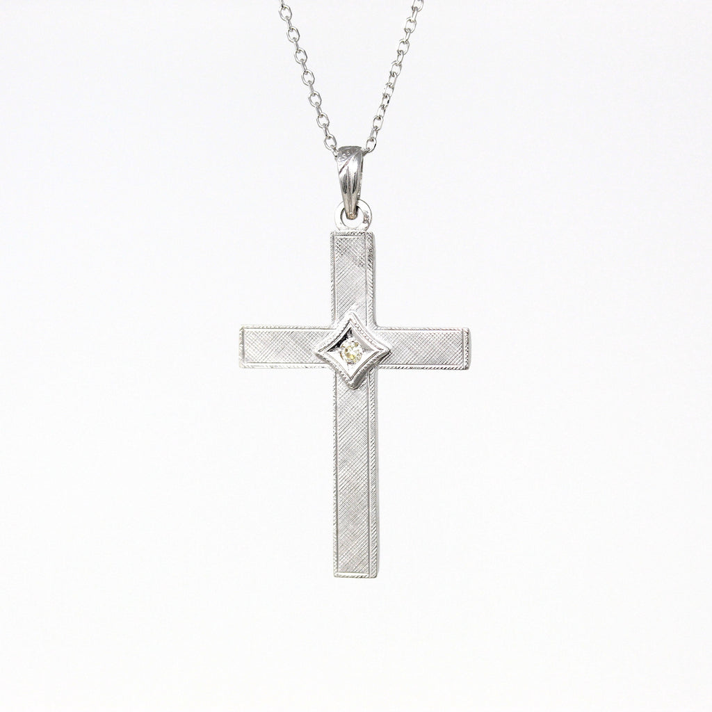 Sale - Vintage Cross Necklace - Retro 10k White Gold Genuine Diamond Pendant Charm - Circa 1950s Statement Religious Faith Esemco Jewelry