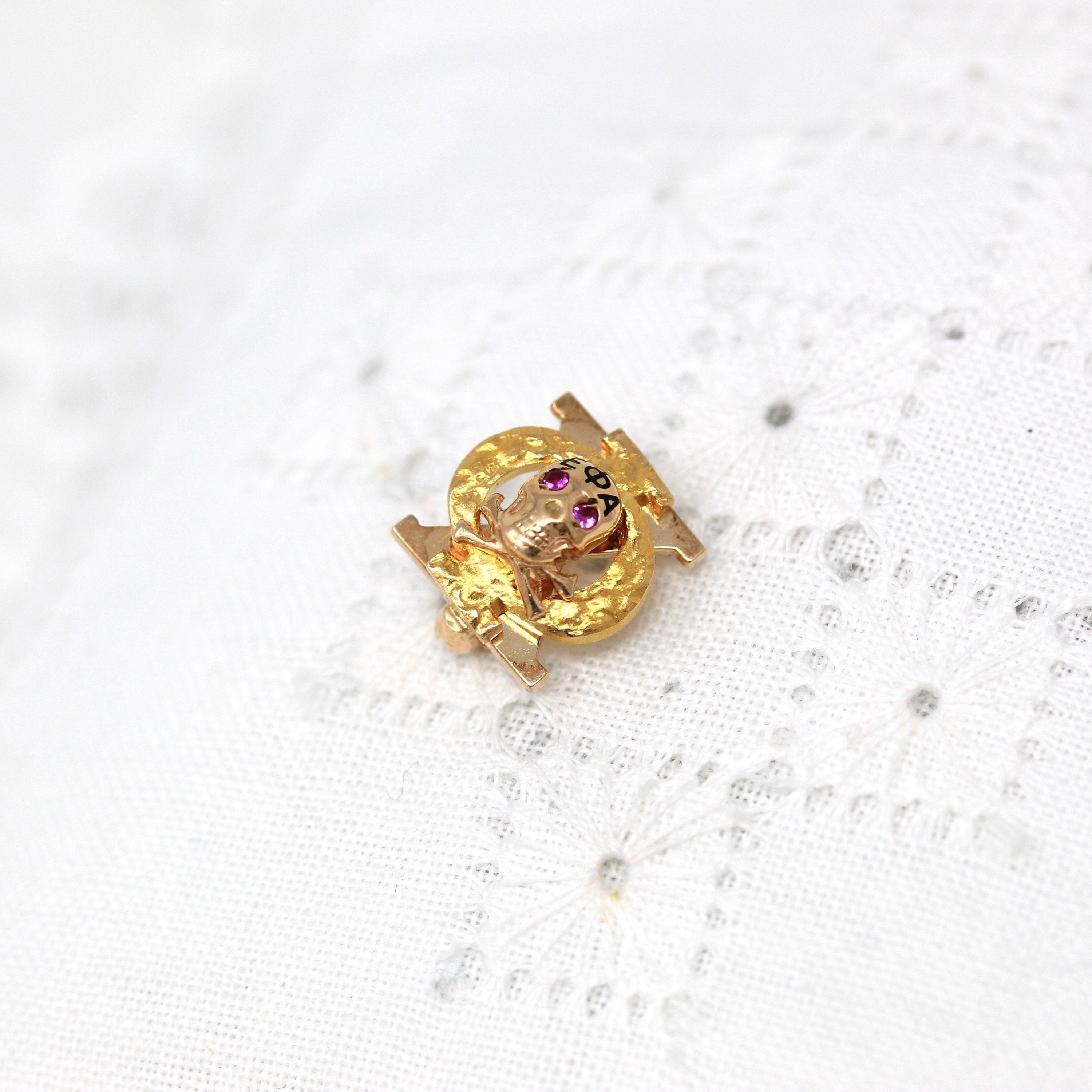 Skull & Crossbones Pin - Retro 10k Yellow Gold Alpha Epsilon Phi Sorority Badge Pledge Pin - Vintage Circa 1940s Greek Letters ΑΕΦ Jewelry