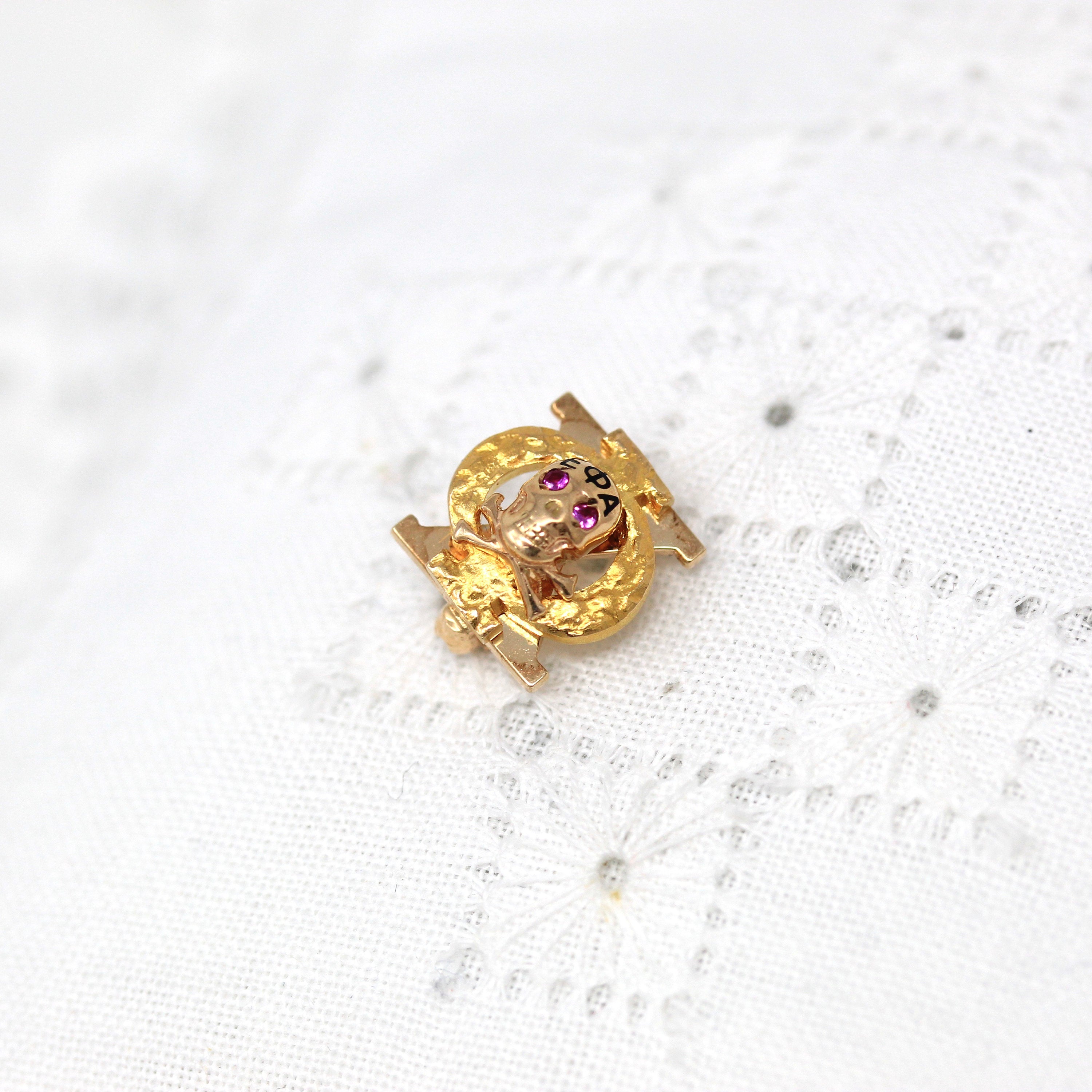 Skull & Crossbones Pin - Retro 10k Yellow Gold Epsilon Phi Alpha Sorority Badge Pledge Pin - Vintage Circa 1940s Greek Letters ΑΕΦ Jewelry