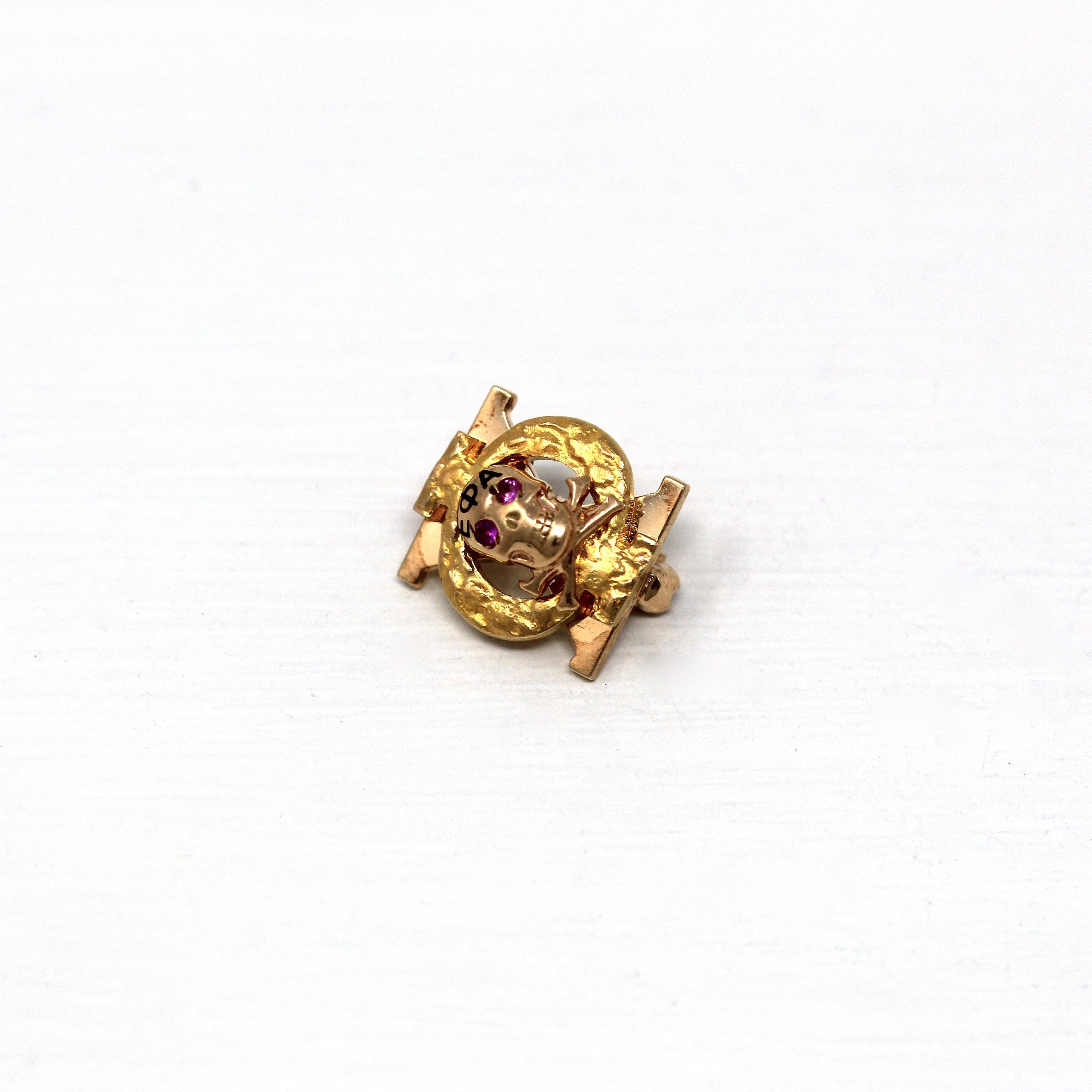 Skull & Crossbones Pin - Retro 10k Yellow Gold Alpha Epsilon Phi Sorority Badge Pledge Pin - Vintage Circa 1940s Greek Letters ΑΕΦ Jewelry