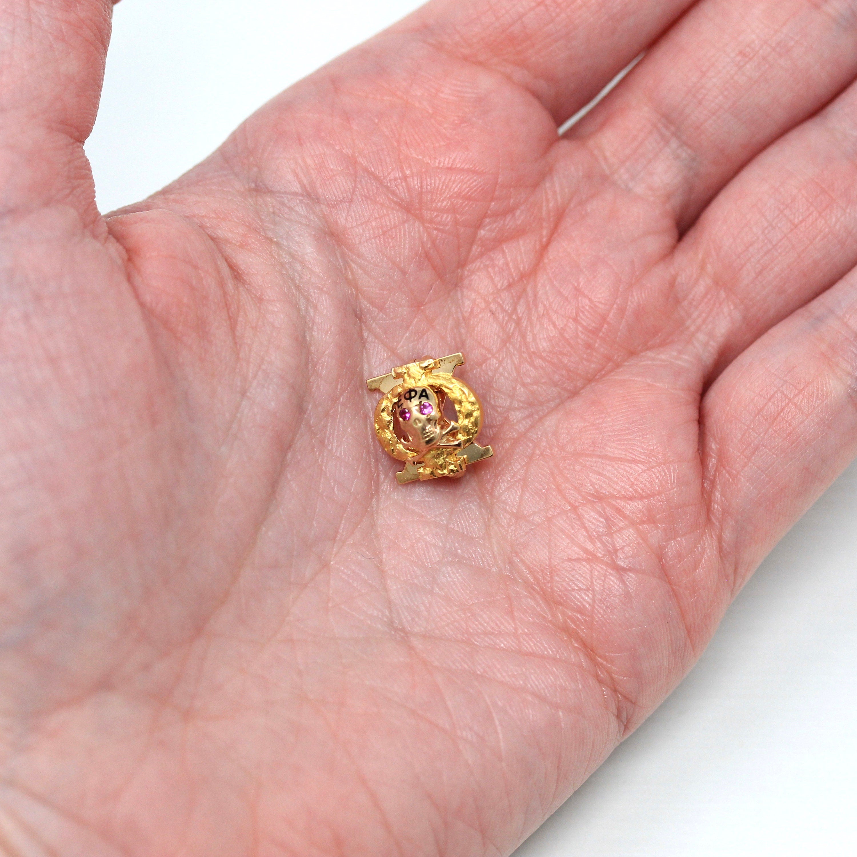 Skull & Crossbones Pin - Retro 10k Yellow Gold Alpha Epsilon Phi Sorority Badge Pledge Pin - Vintage Circa 1940s Greek Letters ΑΕΦ Jewelry