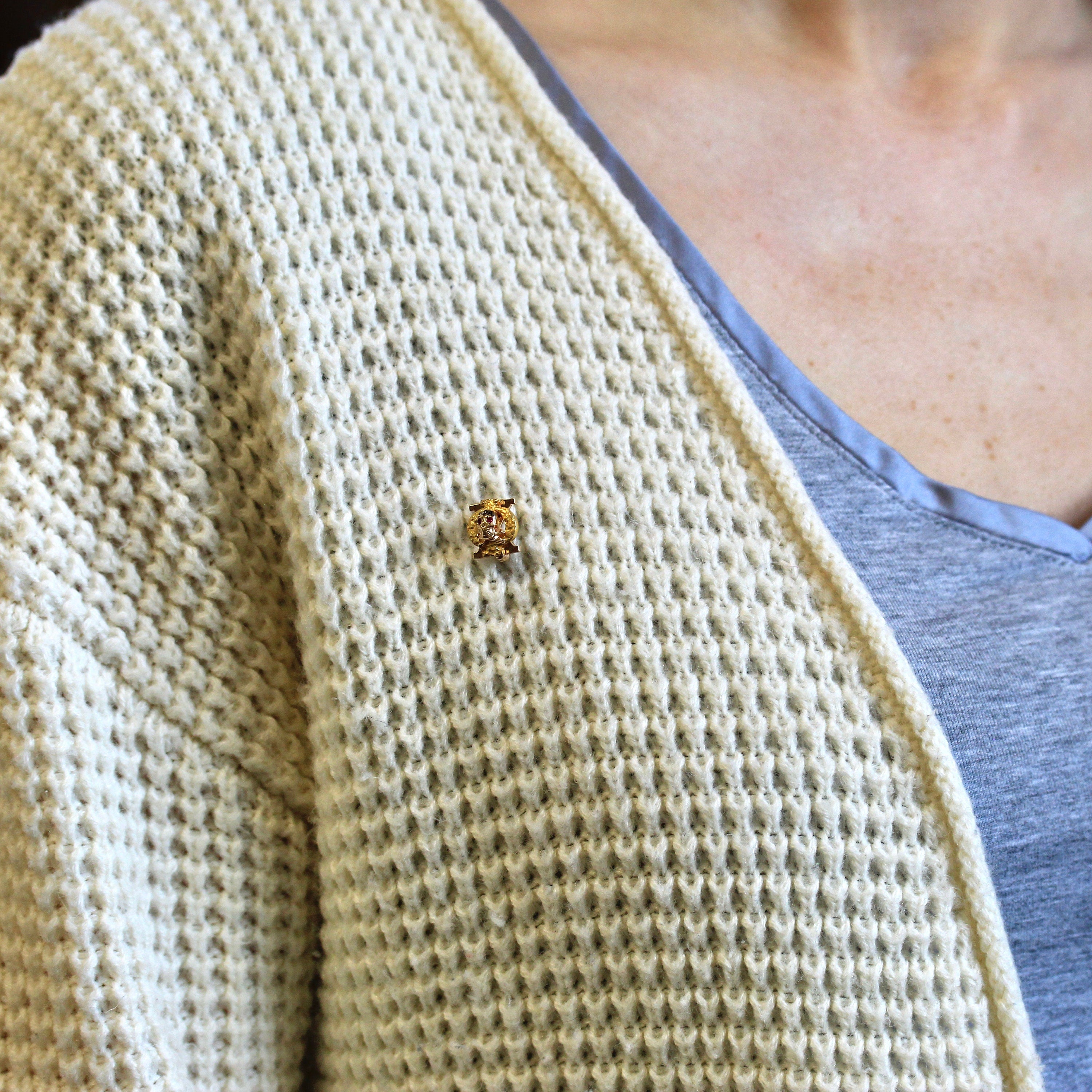 Skull & Crossbones Pin - Retro 10k Yellow Gold Epsilon Phi Alpha Sorority Badge Pledge Pin - Vintage Circa 1940s Greek Letters ΑΕΦ Jewelry