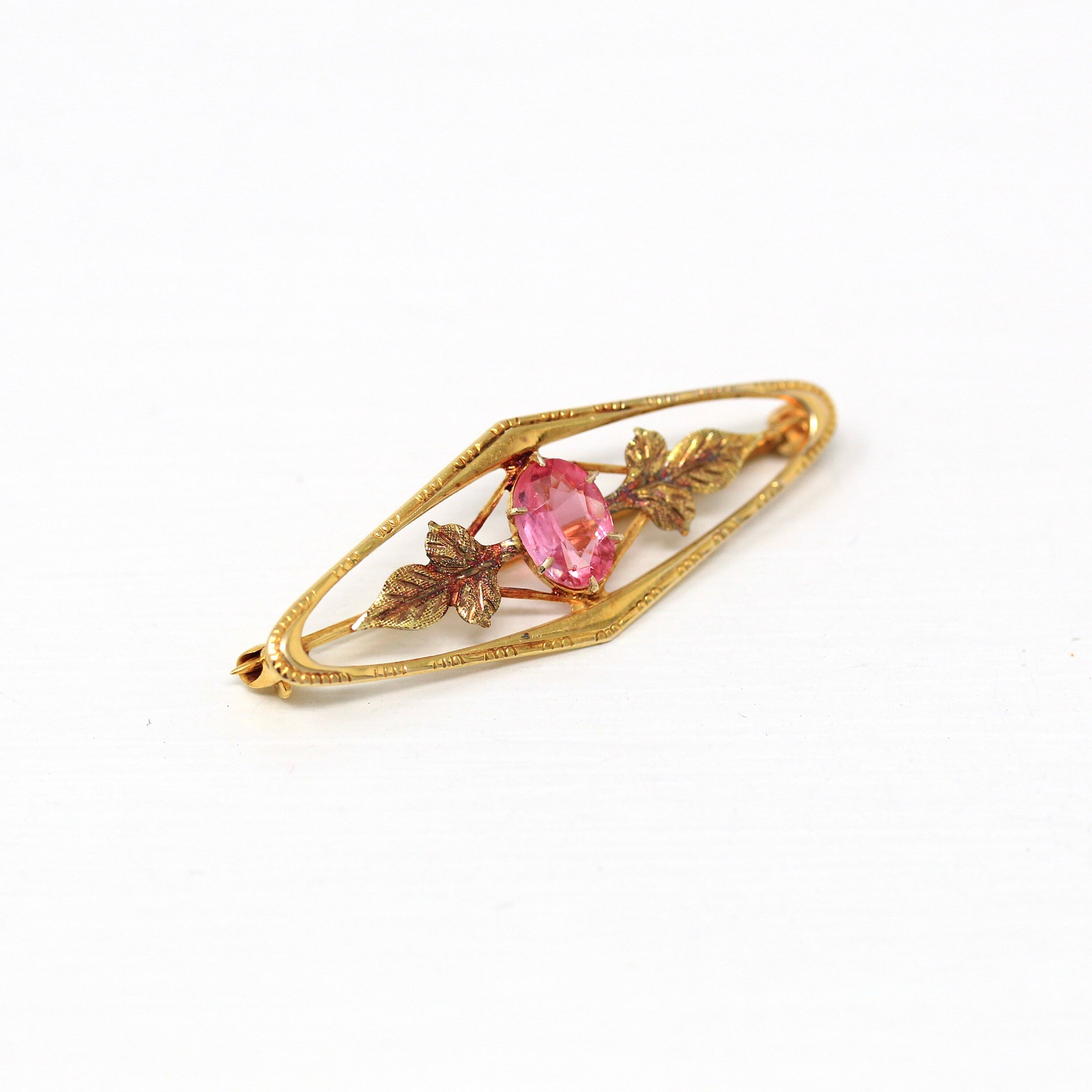 Vintage Brooch Accessory - Retro 10k Yellow Gold Simulated Pink Sapphire Stone Pin - Circa 1940s Leaf Motif Smith & Fisher Fine 40s Jewelry