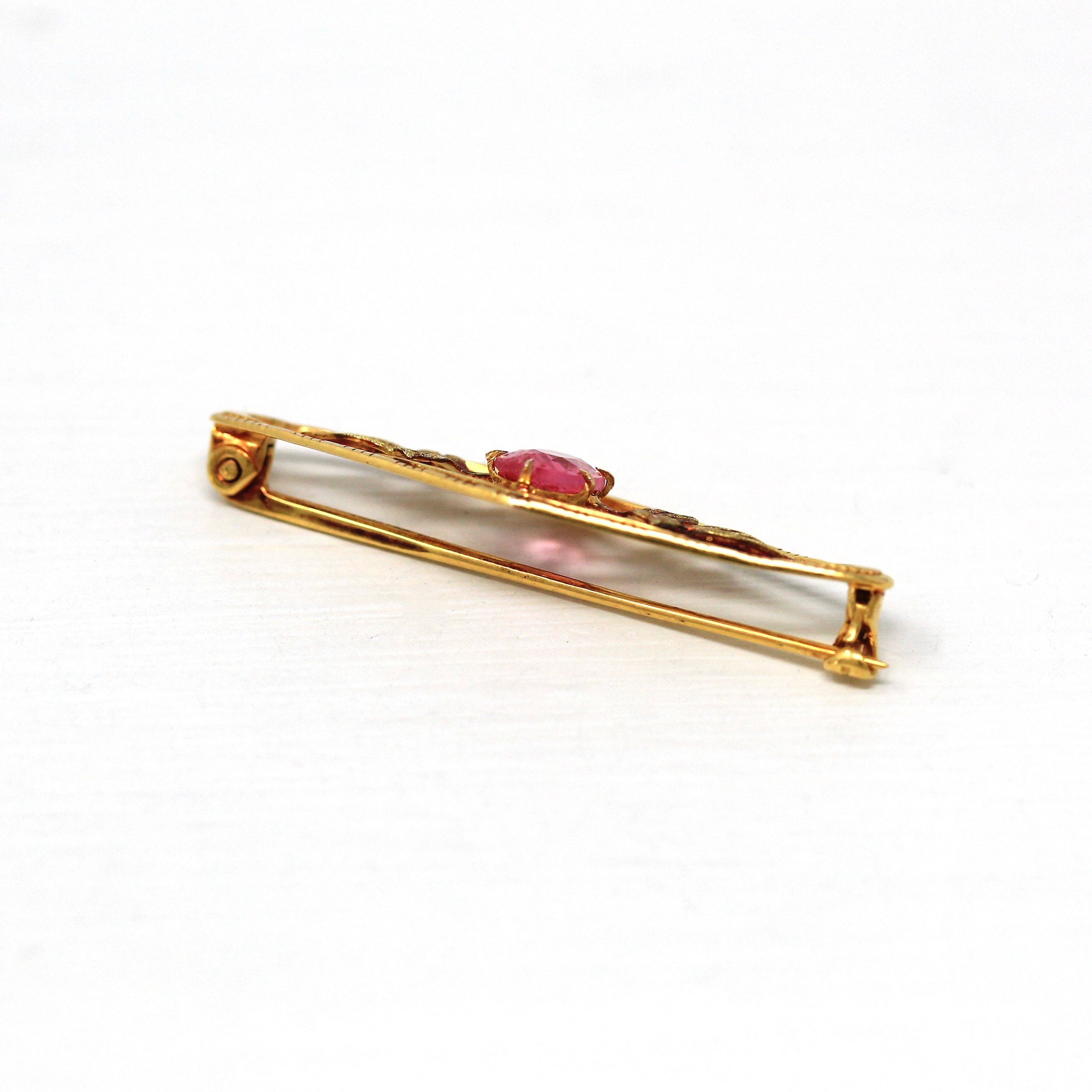 Vintage Brooch Accessory - Retro 10k Yellow Gold Simulated Pink Sapphire Stone Pin - Circa 1940s Leaf Motif Smith & Fisher Fine 40s Jewelry