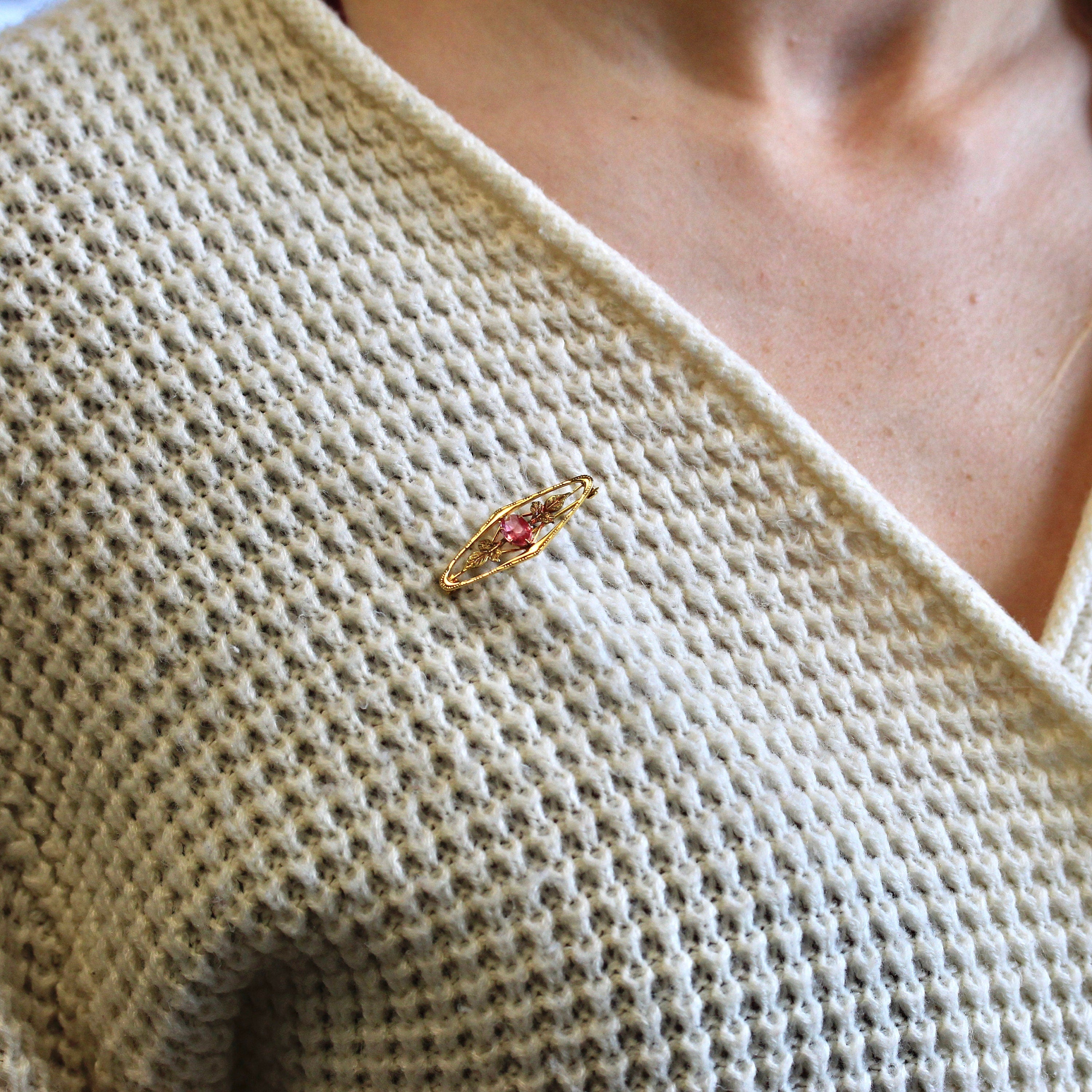 Vintage Brooch Accessory - Retro 10k Yellow Gold Simulated Pink Sapphire Stone Pin - Circa 1940s Leaf Motif Smith & Fisher Fine 40s Jewelry