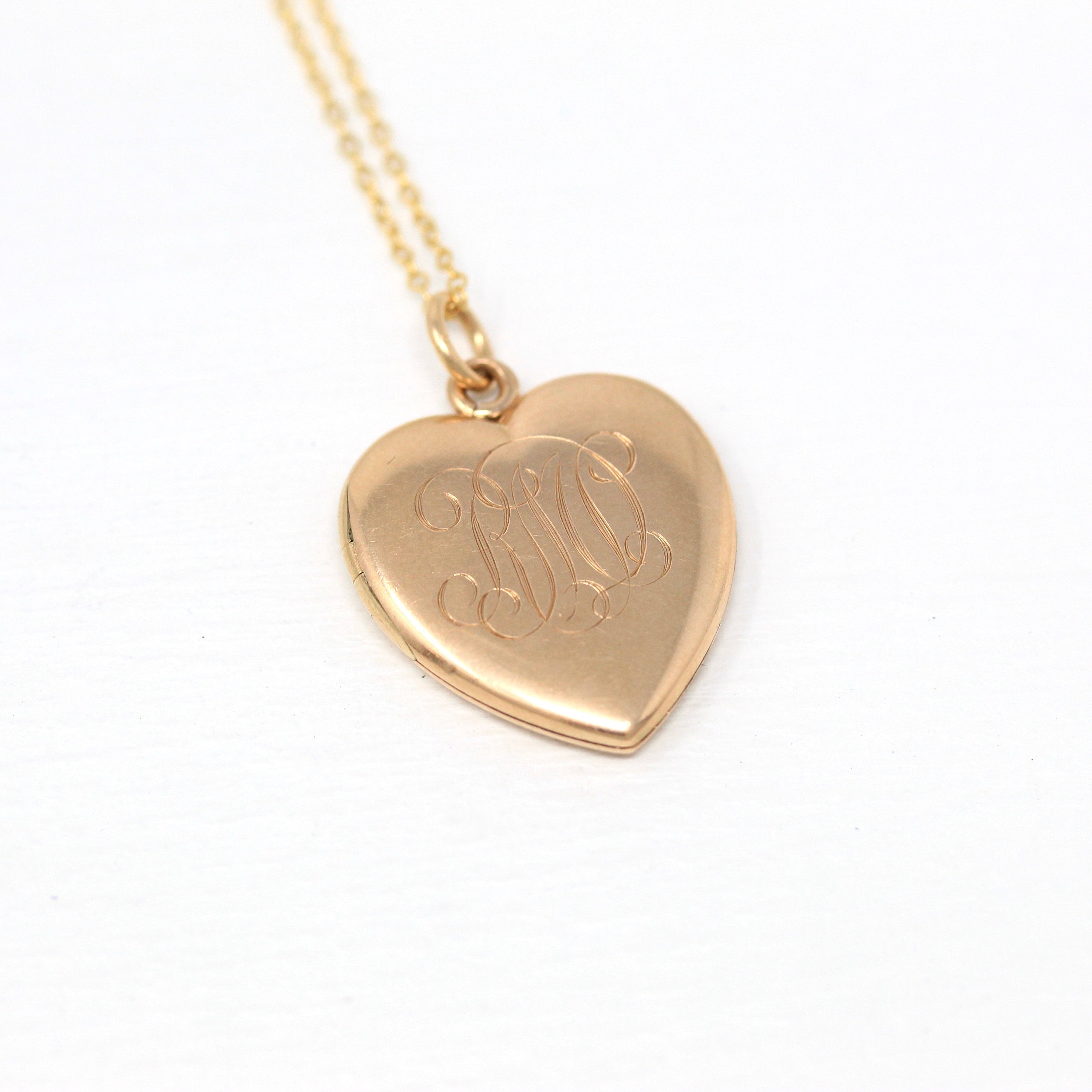 Antique Heart Locket - Edwardian 10k Rose Gold Dated "July 12 '08" Necklace Pendant Charm - Vintage Monogrammed "RMD" Keepsake Fine Jewelry