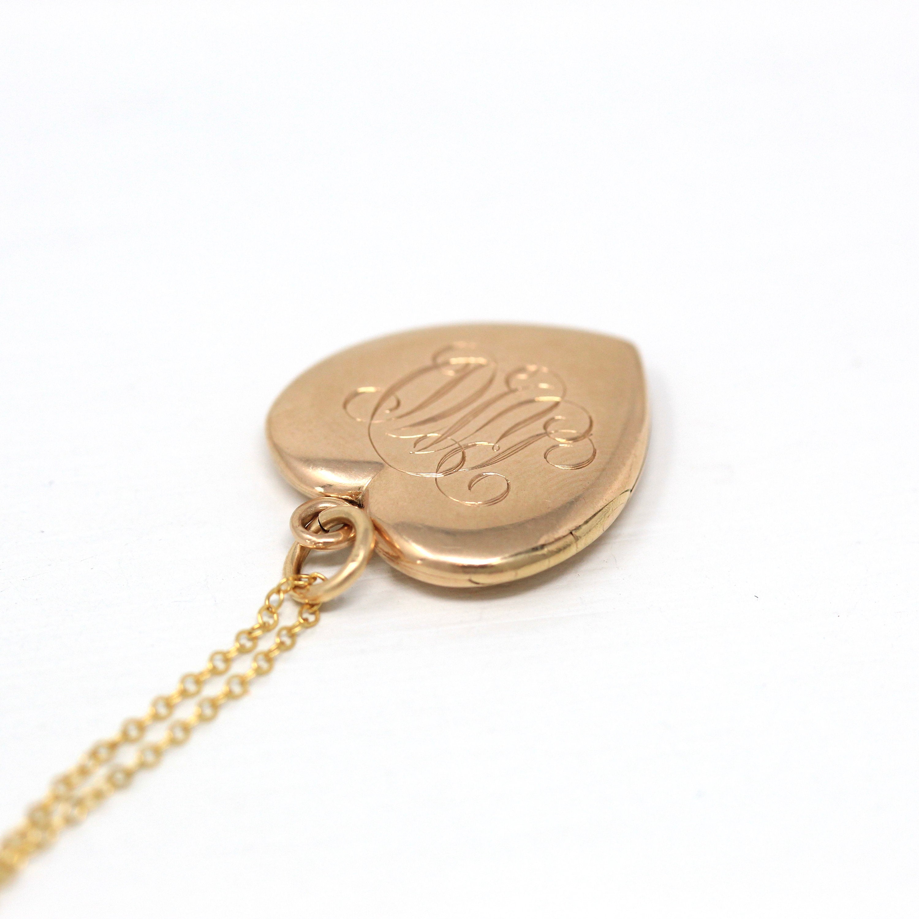 Antique Heart Locket - Edwardian 10k Rose Gold Dated "July 12 '08" Necklace Pendant Charm - Vintage Monogrammed "RMD" Keepsake Fine Jewelry