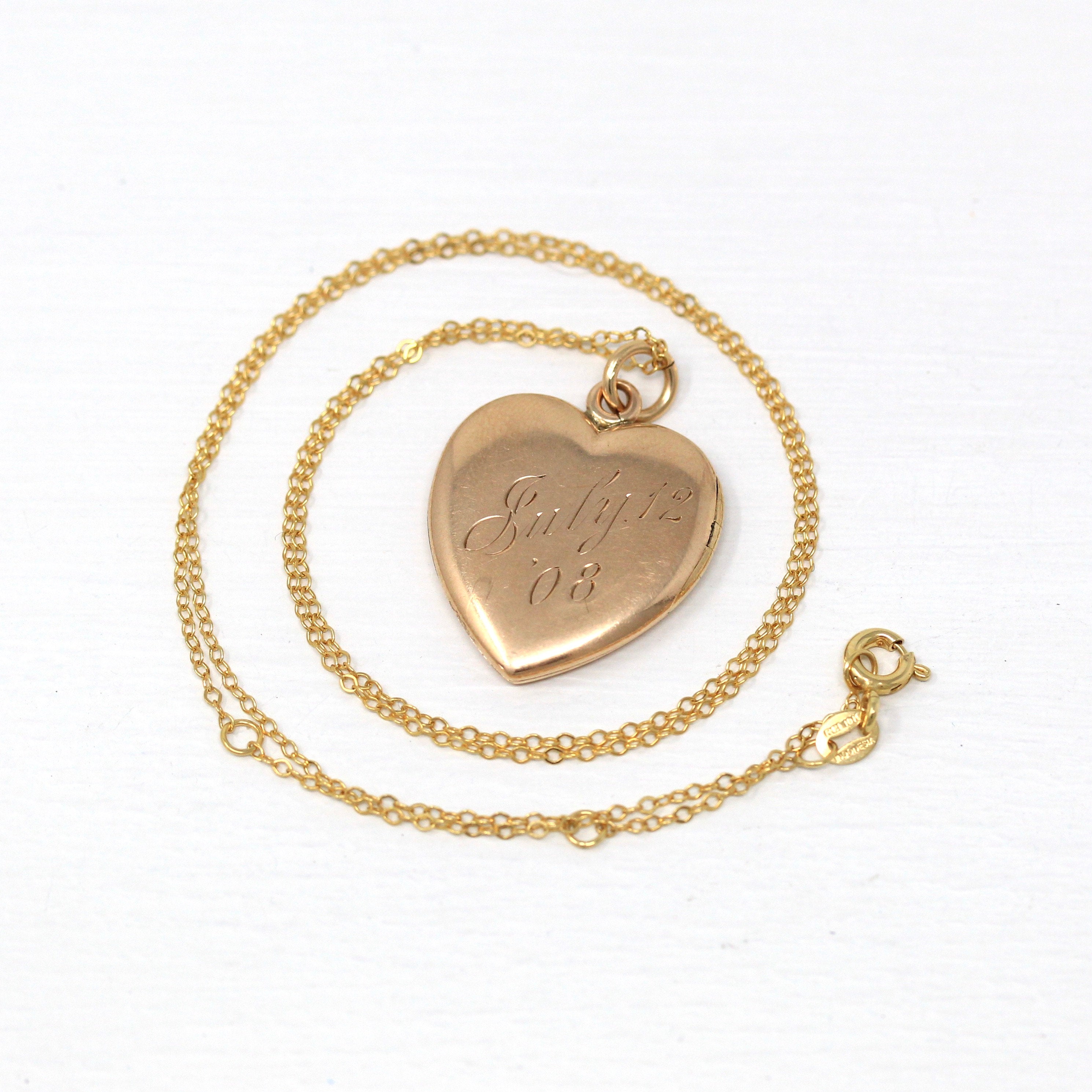 Antique Heart Locket - Edwardian 10k Rose Gold Dated "July 12 '08" Necklace Pendant Charm - Vintage Monogrammed "RMD" Keepsake Fine Jewelry