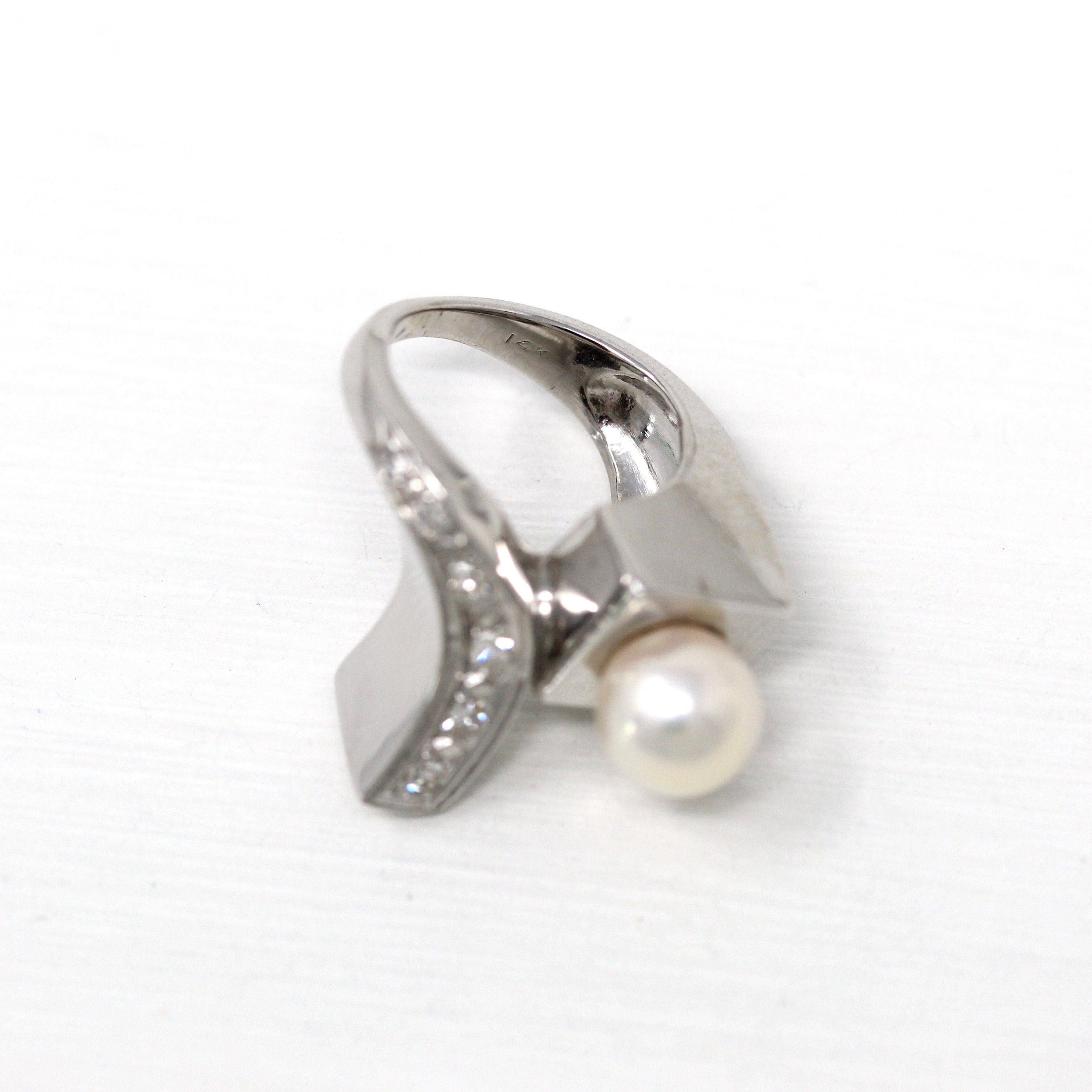 Mid Century Ring - Vintage 14k White Gold Cultured Pearl Genuine .12 CTW Diamond - 1950s Era Size 2 June Birthstone Modernist Fine Jewelry