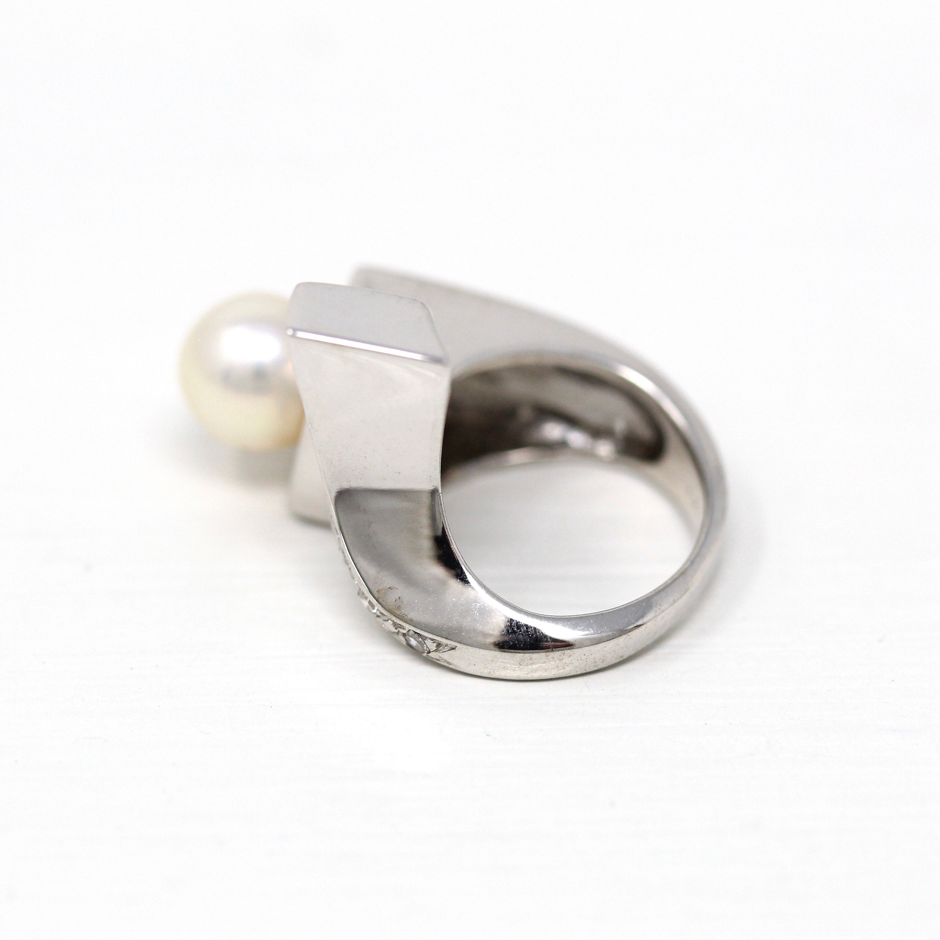 Mid Century Ring - Vintage 14k White Gold Cultured Pearl Genuine .12 CTW Diamond - 1950s Era Size 2 June Birthstone Modernist Fine Jewelry