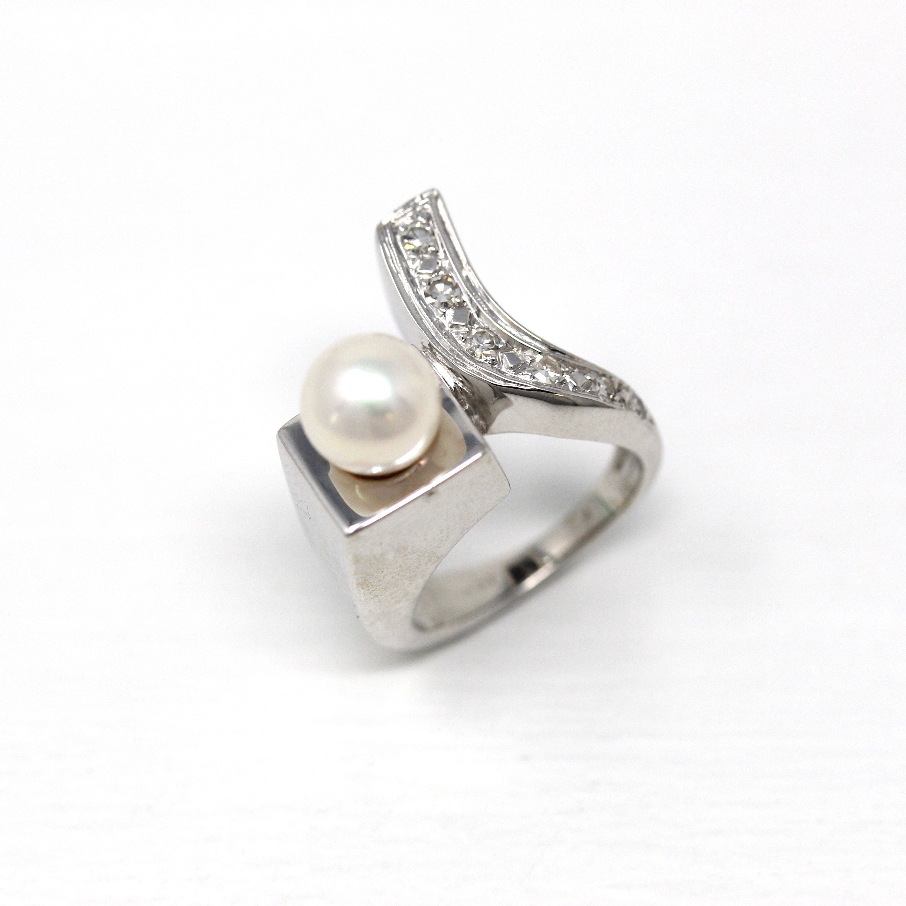Mid Century Ring - Vintage 14k White Gold Cultured Pearl Genuine .12 CTW Diamond - 1950s Era Size 2 June Birthstone Modernist Fine Jewelry
