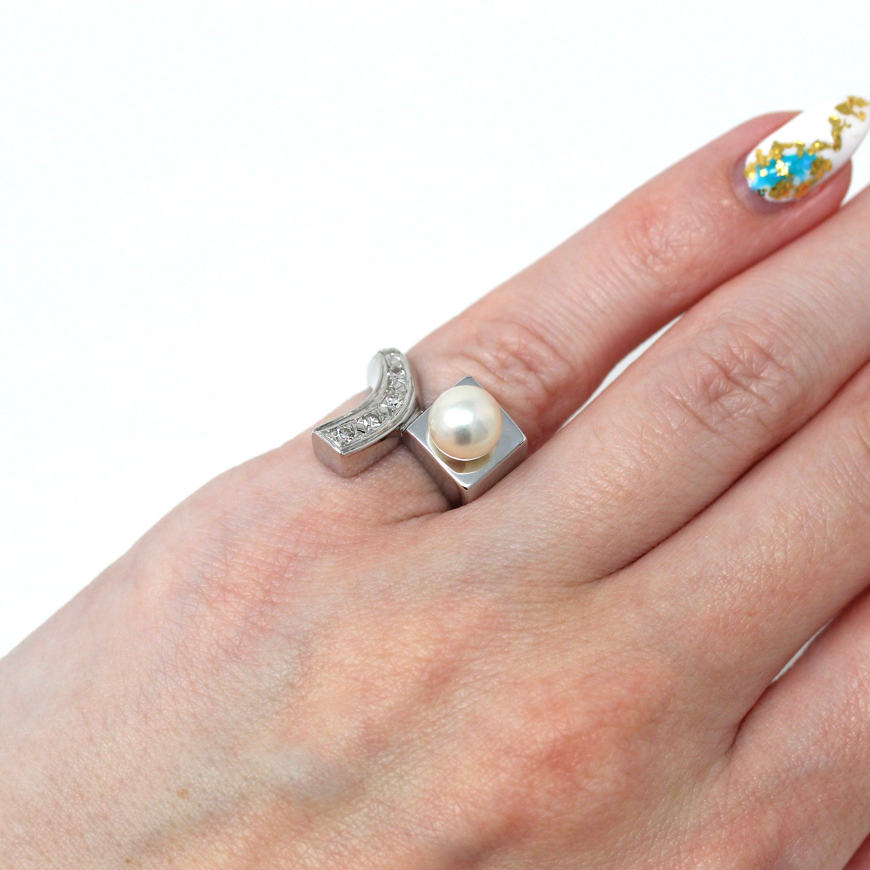 Mid Century Ring - Vintage 14k White Gold Cultured Pearl Genuine .12 CTW Diamond - 1950s Era Size 2 June Birthstone Modernist Fine Jewelry