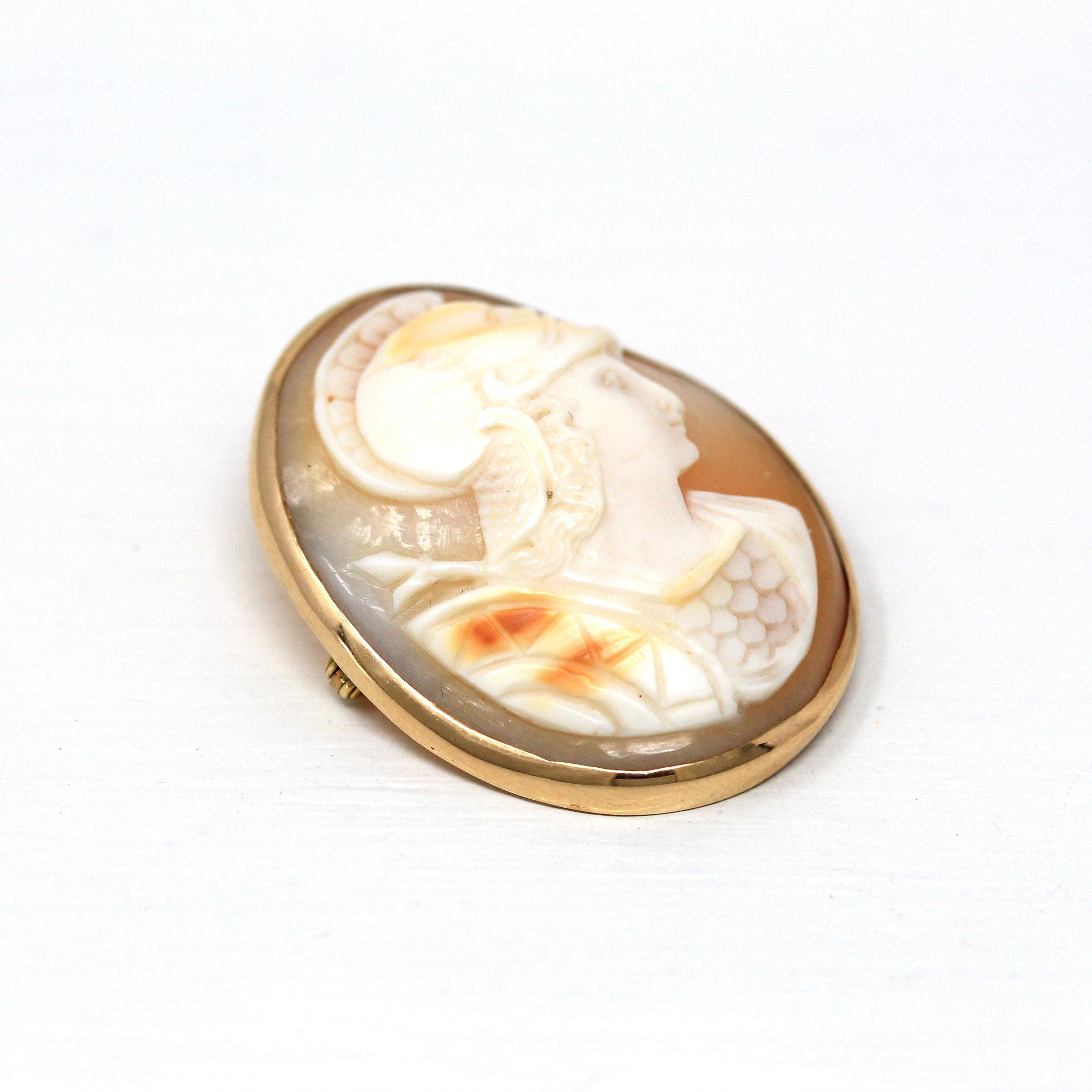 Antique Cameo Brooch - Edwardian 14k Yellow Gold Carved Shell Warrior Pin - Vintage Circa 1910s Era Fashion Accessory Fine Jewelry